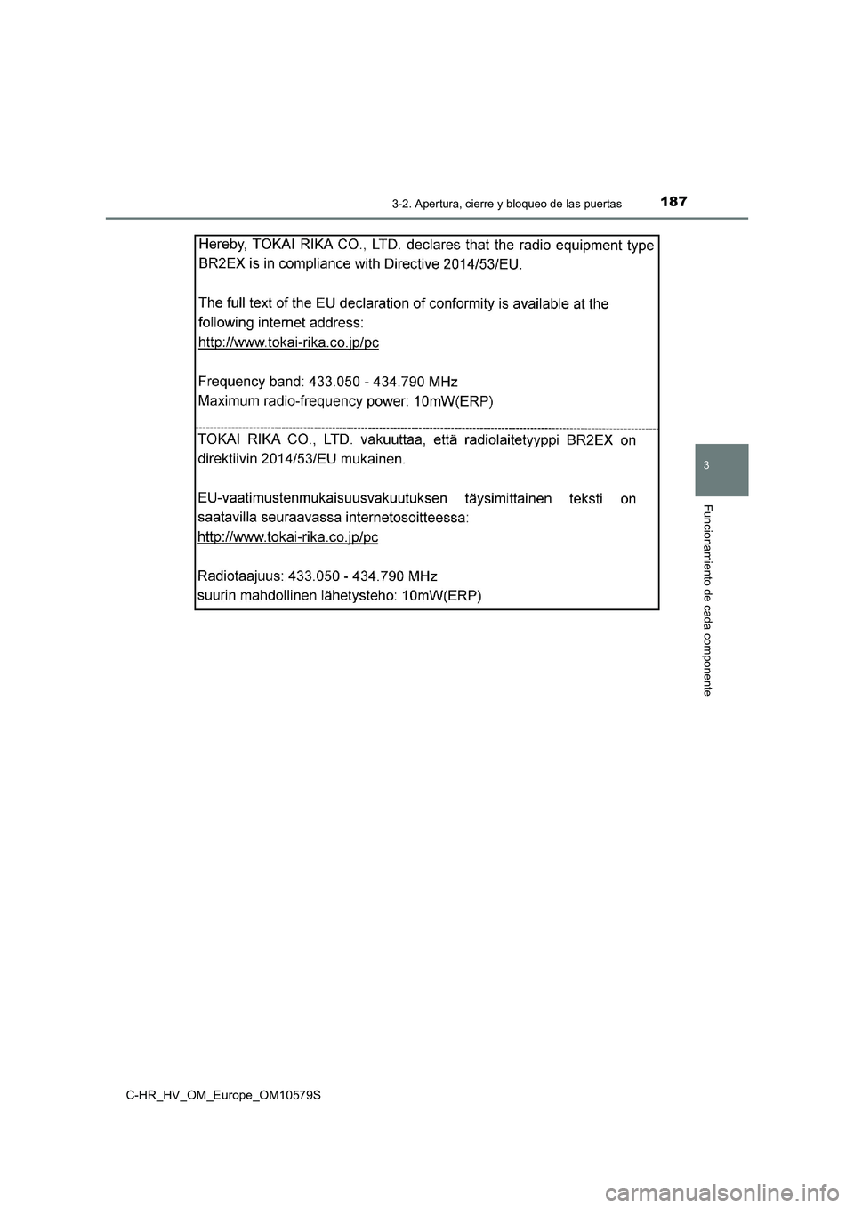 TOYOTA C-HR 2018  Manual del propietario (in Spanish) 1873-2. Apertura, cierre y bloqueo de las puertas
3
Funcionamiento de cada componente
C-HR_HV_OM_Europe_OM10579S 