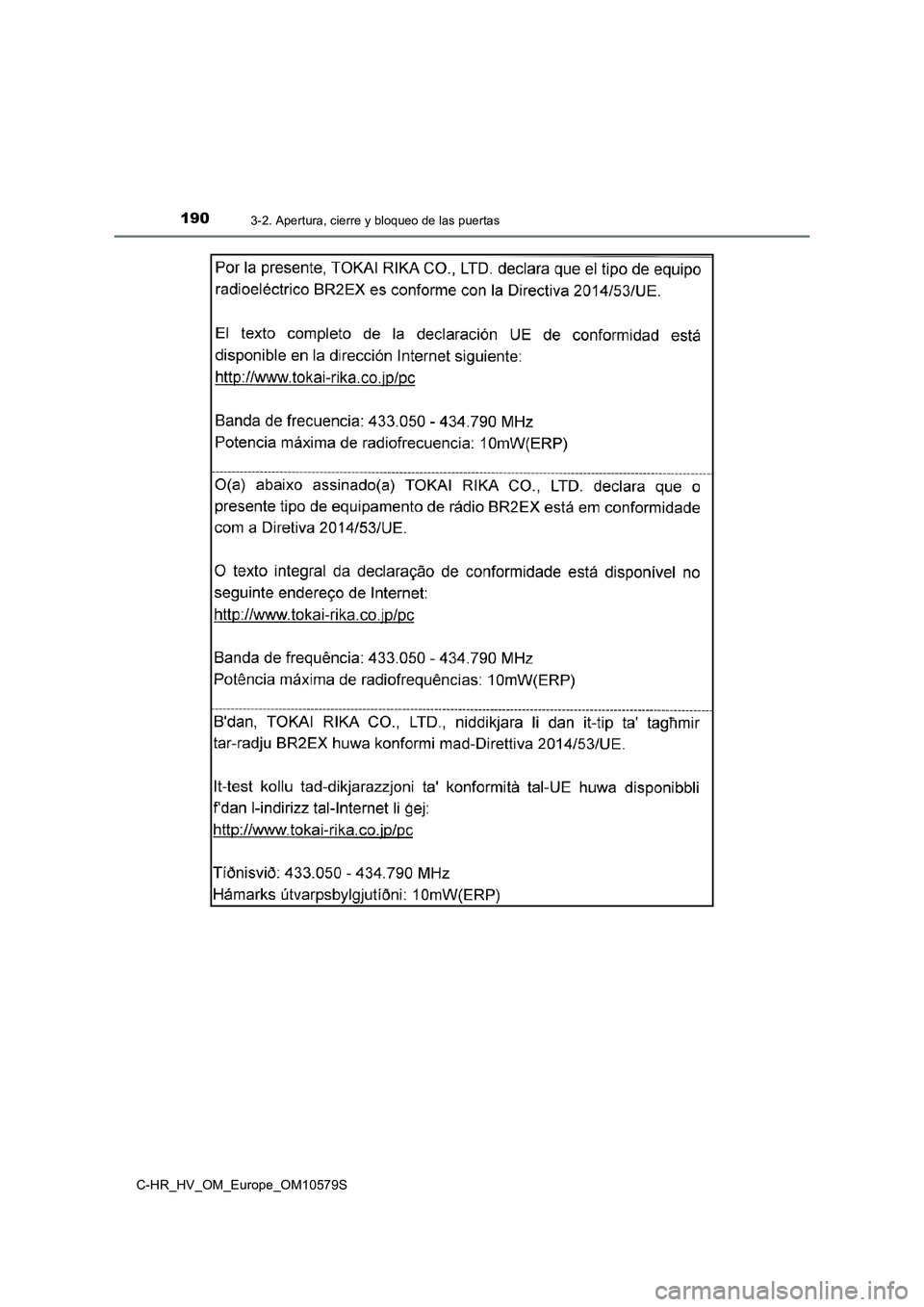 TOYOTA C-HR 2018  Manual del propietario (in Spanish) 1903-2. Apertura, cierre y bloqueo de las puertas
C-HR_HV_OM_Europe_OM10579S 