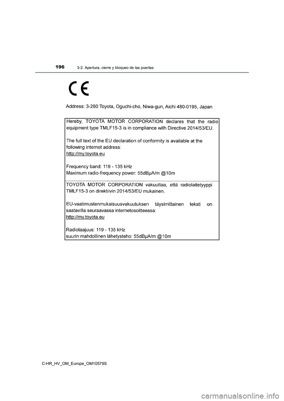 TOYOTA C-HR 2018  Manual del propietario (in Spanish) 1963-2. Apertura, cierre y bloqueo de las puertas
C-HR_HV_OM_Europe_OM10579S 