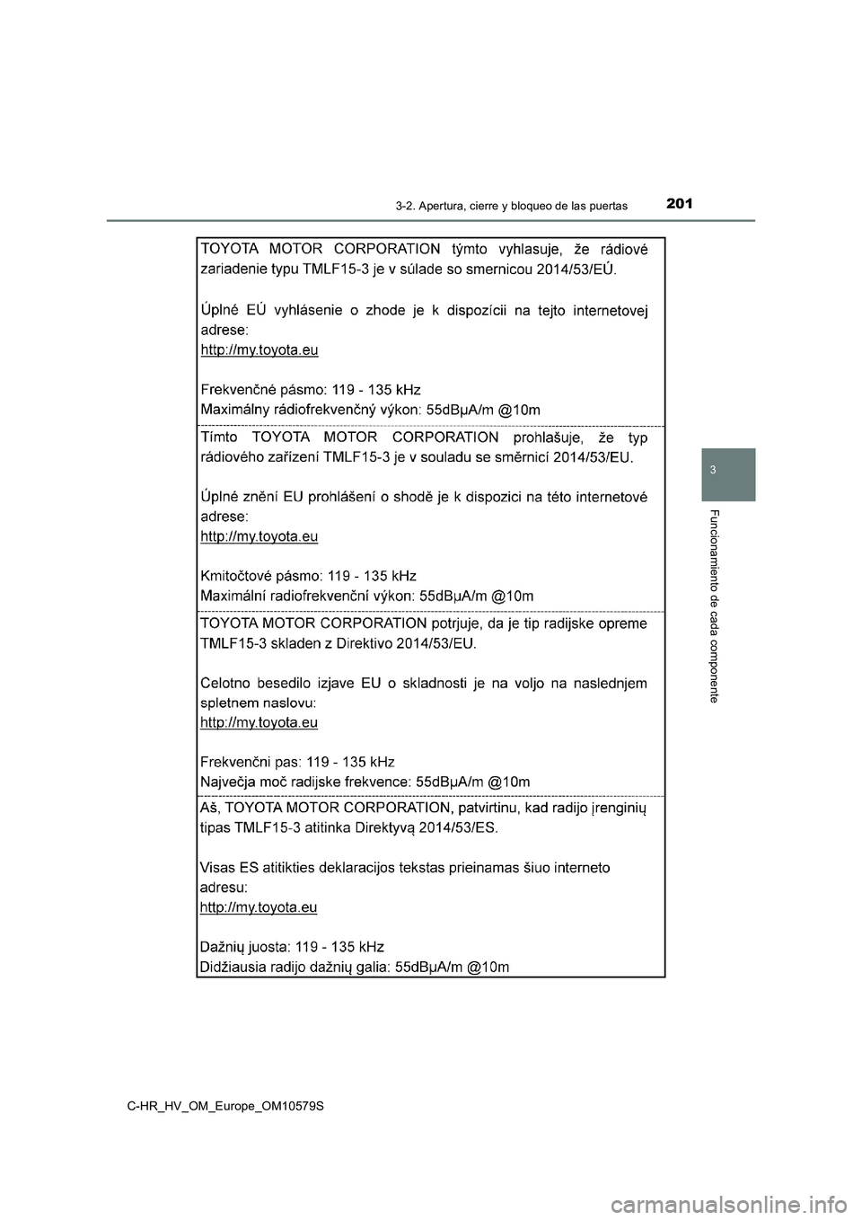 TOYOTA C-HR 2018  Manual del propietario (in Spanish) 2013-2. Apertura, cierre y bloqueo de las puertas
3
Funcionamiento de cada componente
C-HR_HV_OM_Europe_OM10579S 