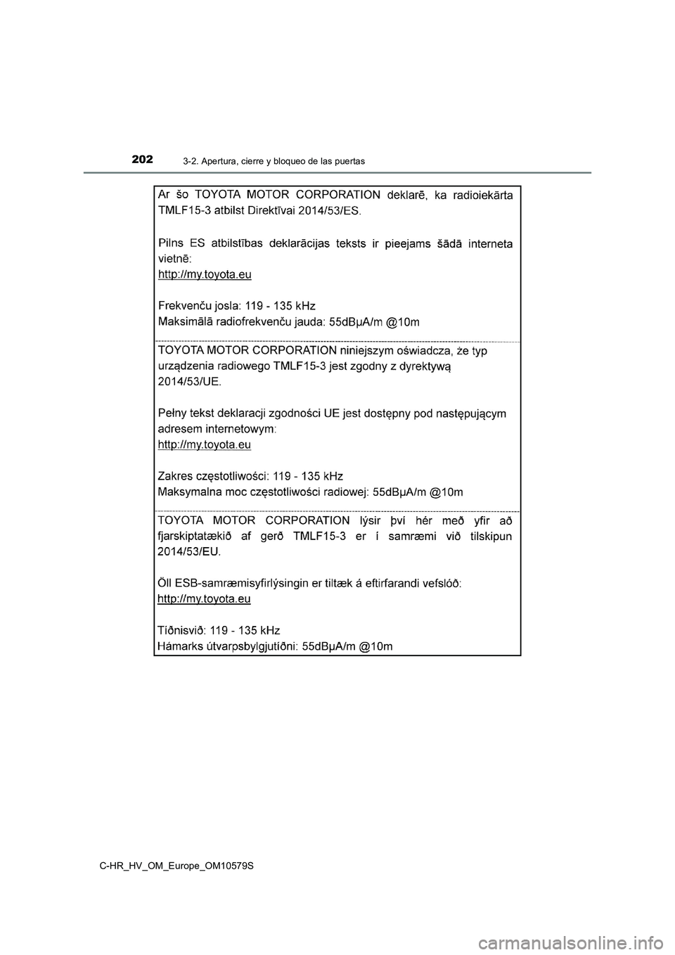 TOYOTA C-HR 2018  Manual del propietario (in Spanish) 2023-2. Apertura, cierre y bloqueo de las puertas
C-HR_HV_OM_Europe_OM10579S 