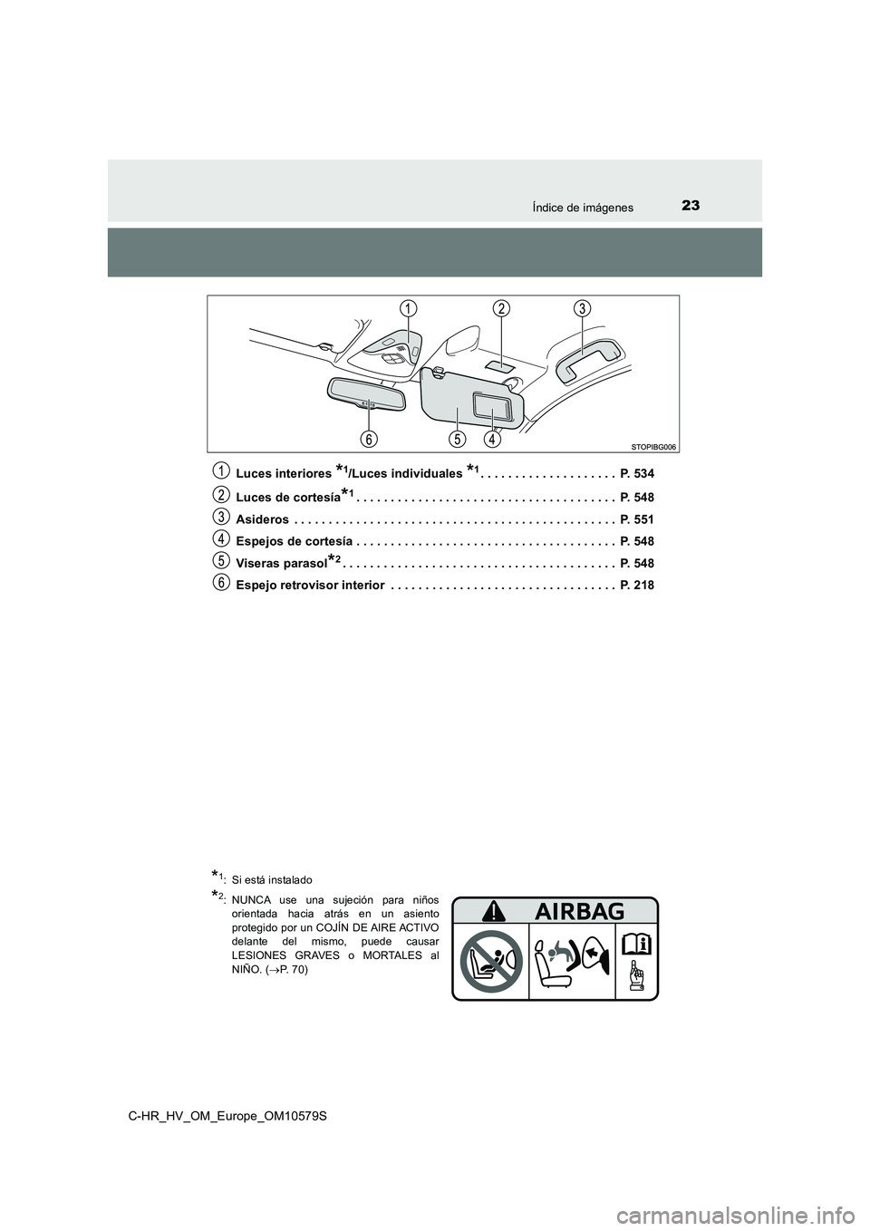 TOYOTA C-HR 2018  Manual del propietario (in Spanish) 23Índice de imágenes
C-HR_HV_OM_Europe_OM10579S 
Luces interiores *1/Luces individuales *1. . . . . . . . . . . . . . . . . . . .  P. 534 
Luces de cortesía*1. . . . . . . . . . . . . . . . . . . .