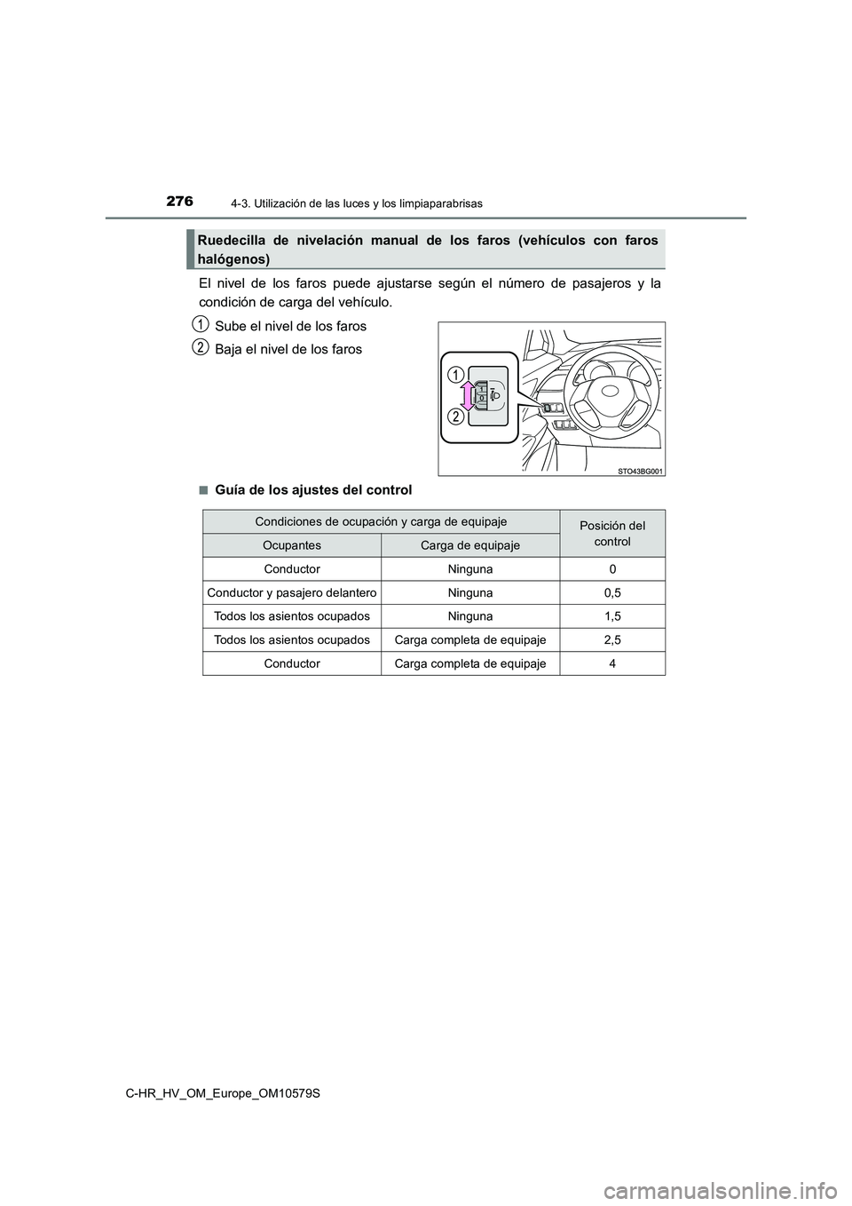 TOYOTA C-HR 2018  Manual del propietario (in Spanish) 2764-3. Utilización de las luces y los limpiaparabrisas
C-HR_HV_OM_Europe_OM10579S
El nivel de los faros puede ajustarse según el número de pasajeros y la 
condición de carga del vehículo. 
Sube 