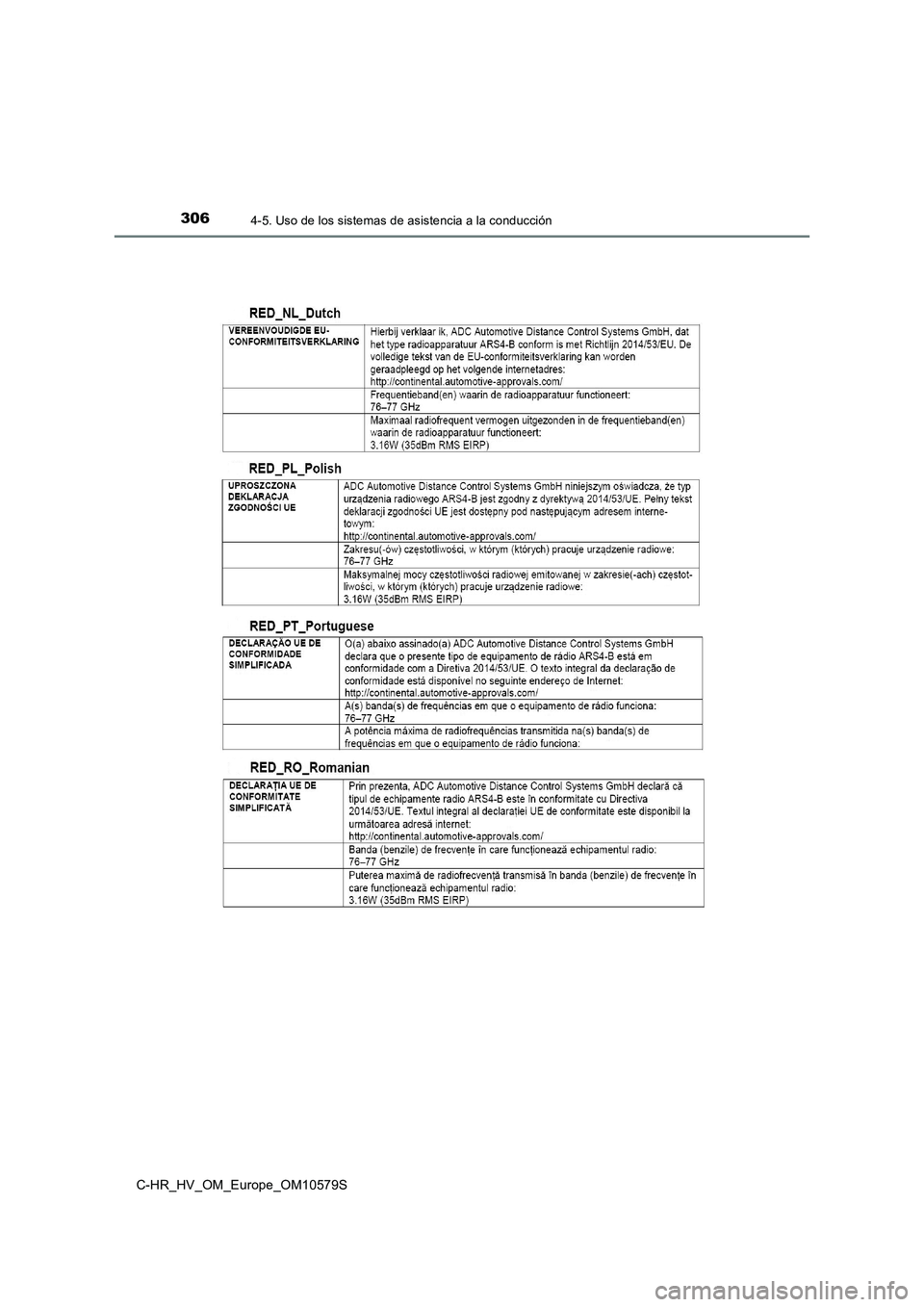 TOYOTA C-HR 2018  Manual del propietario (in Spanish) 3064-5. Uso de los sistemas de asistencia a la conducción
C-HR_HV_OM_Europe_OM10579S 