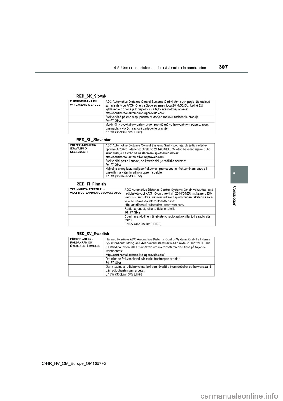 TOYOTA C-HR 2018  Manual del propietario (in Spanish) 3074-5. Uso de los sistemas de asistencia a la conducción
4
Conducción
C-HR_HV_OM_Europe_OM10579S 