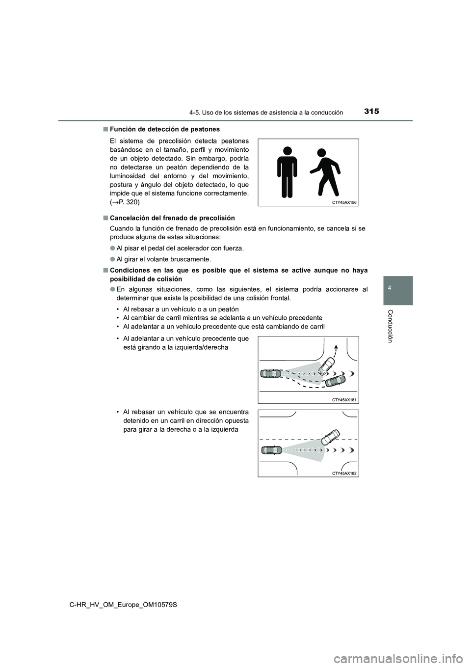 TOYOTA C-HR 2018 Manual del propietario (in Spanish) 3154-5. Uso de los sistemas de asistencia a la conducción
4
Conducción
C-HR_HV_OM_Europe_OM10579S
■ Función de detección de peatones
■ Cancelación del frenado de precolisión
Cuando la fun TOYOTA C-HR 2018 Manual del propietario (in Spanish) 3154-5. Uso de los sistemas de asistencia a la conducción
4
Conducción
C-HR_HV_OM_Europe_OM10579S
■ Función de detección de peatones
■ Cancelación del frenado de precolisión
Cuando la fun