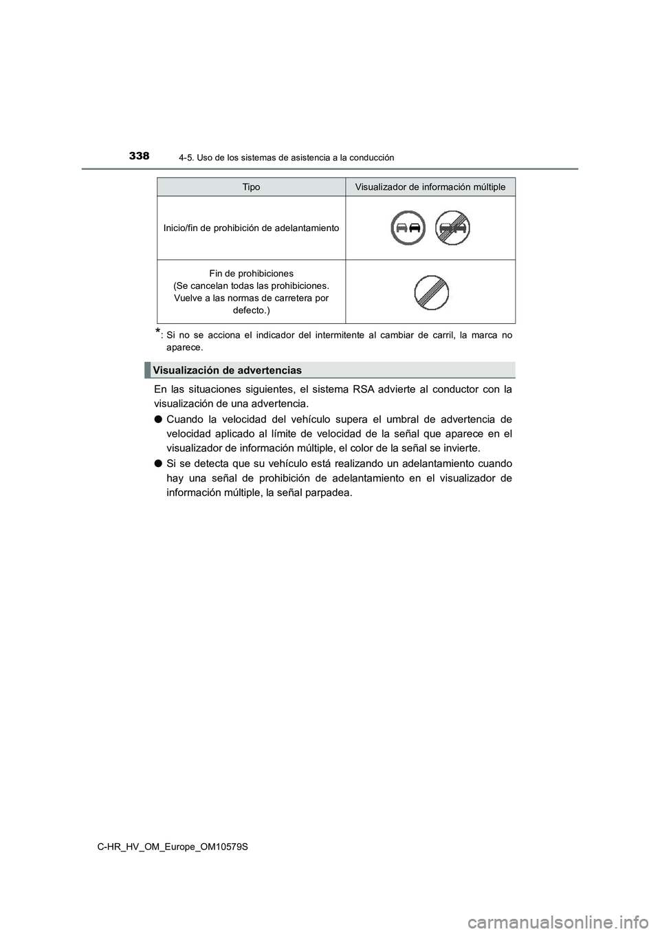 TOYOTA C-HR 2018  Manual del propietario (in Spanish) 3384-5. Uso de los sistemas de asistencia a la conducción
C-HR_HV_OM_Europe_OM10579S
*: Si no se acciona el indicador del intermitente al cambiar de carril, la marca no 
aparece.
En las situaciones s