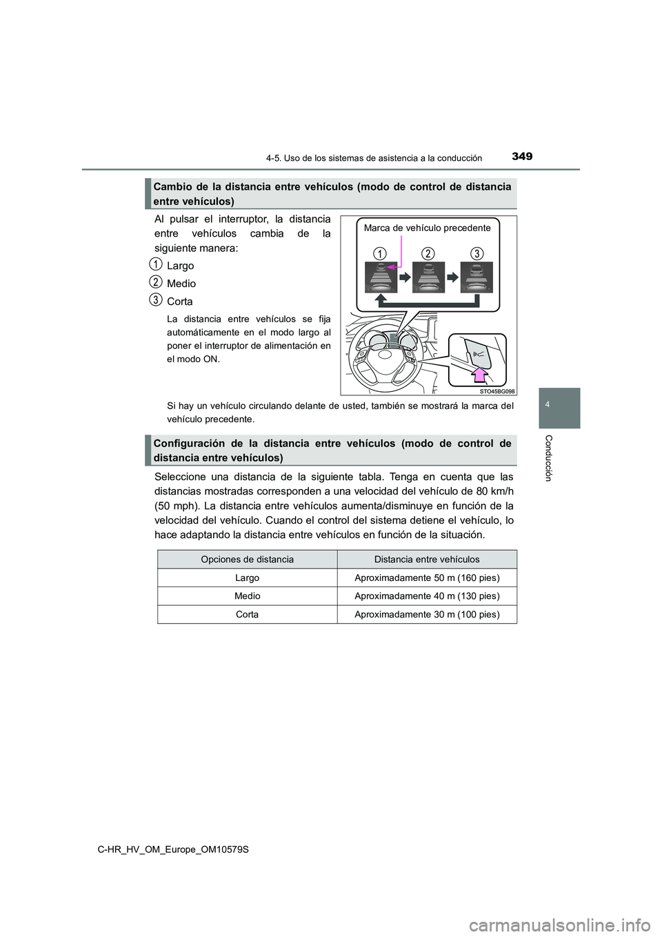 TOYOTA C-HR 2018 Manual del propietario (in Spanish) 3494-5. Uso de los sistemas de asistencia a la conducción
4
Conducción
C-HR_HV_OM_Europe_OM10579S
Al pulsar el interruptor, la distancia
entre vehículos cambia de la
siguiente manera:
Largo
Medi TOYOTA C-HR 2018 Manual del propietario (in Spanish) 3494-5. Uso de los sistemas de asistencia a la conducción
4
Conducción
C-HR_HV_OM_Europe_OM10579S
Al pulsar el interruptor, la distancia
entre vehículos cambia de la
siguiente manera:
Largo
Medi