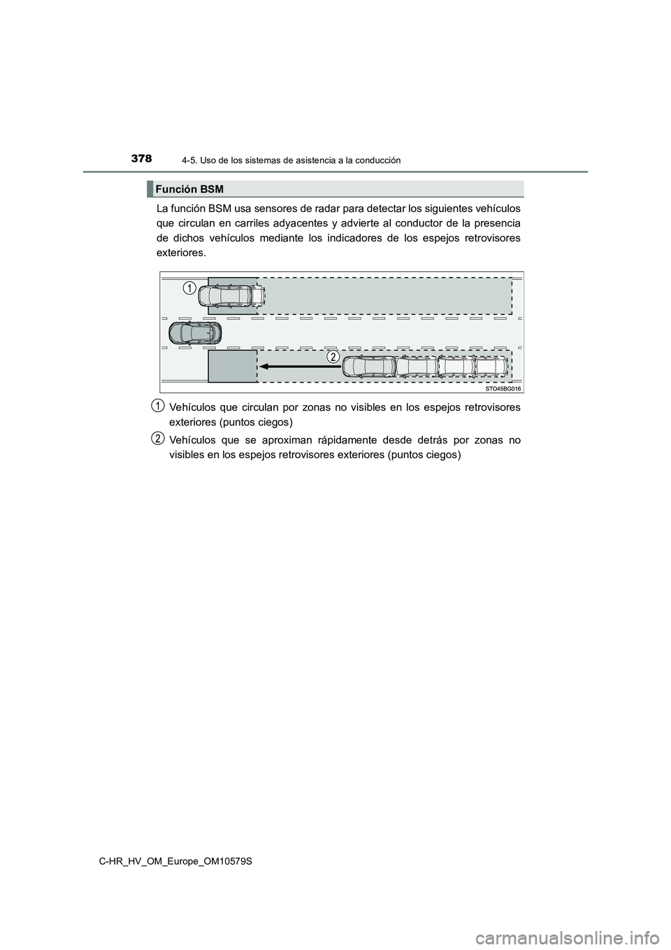 TOYOTA C-HR 2018  Manual del propietario (in Spanish) 3784-5. Uso de los sistemas de asistencia a la conducción
C-HR_HV_OM_Europe_OM10579S
La función BSM usa sensores de radar para detectar los siguientes vehículos 
que circulan en carriles adyacentes