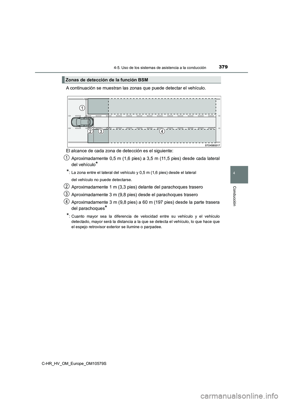 TOYOTA C-HR 2018  Manual del propietario (in Spanish) 3794-5. Uso de los sistemas de asistencia a la conducción
4
Conducción
C-HR_HV_OM_Europe_OM10579S
A continuación se muestran las zonas que puede detectar el vehículo. 
El alcance de cada zona de d