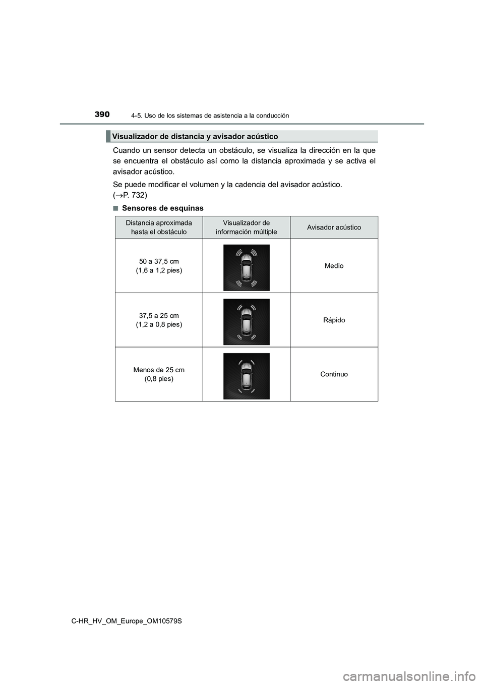 TOYOTA C-HR 2018  Manual del propietario (in Spanish) 3904-5. Uso de los sistemas de asistencia a la conducción
C-HR_HV_OM_Europe_OM10579S
Cuando un sensor detecta un obstáculo, se visualiza la dirección en la que 
se encuentra el obstáculo así como