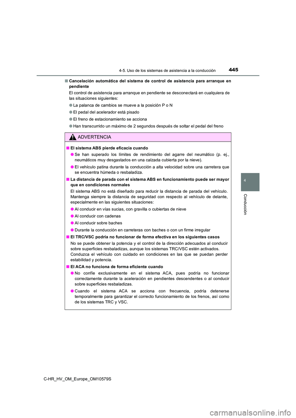 TOYOTA C-HR 2018 Manual del propietario (in Spanish) 4454-5. Uso de los sistemas de asistencia a la conducción
4
Conducción
C-HR_HV_OM_Europe_OM10579S
■ Cancelación automática del sistema de control de asistencia para arranque en
pendiente
El c TOYOTA C-HR 2018 Manual del propietario (in Spanish) 4454-5. Uso de los sistemas de asistencia a la conducción
4
Conducción
C-HR_HV_OM_Europe_OM10579S
■ Cancelación automática del sistema de control de asistencia para arranque en
pendiente
El c