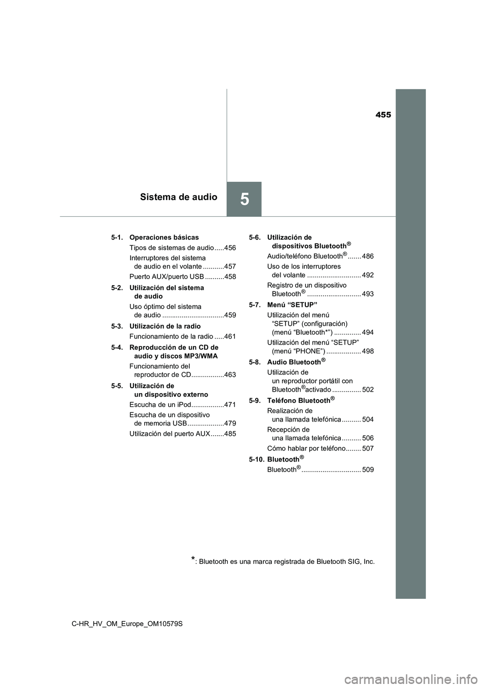 TOYOTA C-HR 2018 Manual del propietario (in Spanish) 455
5Sistema de audio
C-HR_HV_OM_Europe_OM10579S
5-1. Operaciones básicas
Tipos de sistemas de audio .....456
Interruptores del sistema
de audio en el volante ...........457
Puerto AUX/puerto U TOYOTA C-HR 2018 Manual del propietario (in Spanish) 455
5Sistema de audio
C-HR_HV_OM_Europe_OM10579S
5-1. Operaciones básicas
Tipos de sistemas de audio .....456
Interruptores del sistema
de audio en el volante ...........457
Puerto AUX/puerto U