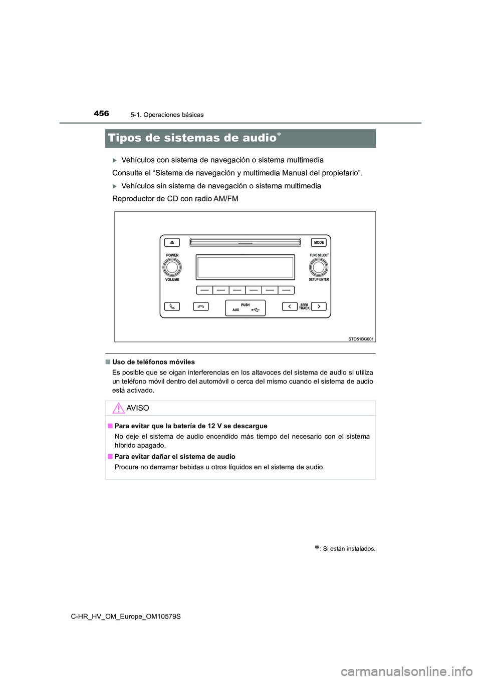 TOYOTA C-HR 2018  Manual del propietario (in Spanish) 4565-1. Operaciones básicas
C-HR_HV_OM_Europe_OM10579S
Tipos de sistemas de audio
Vehículos con sistema de navegación o sistema multimedia 
Consulte el “Sistema de navegación  y multimedia