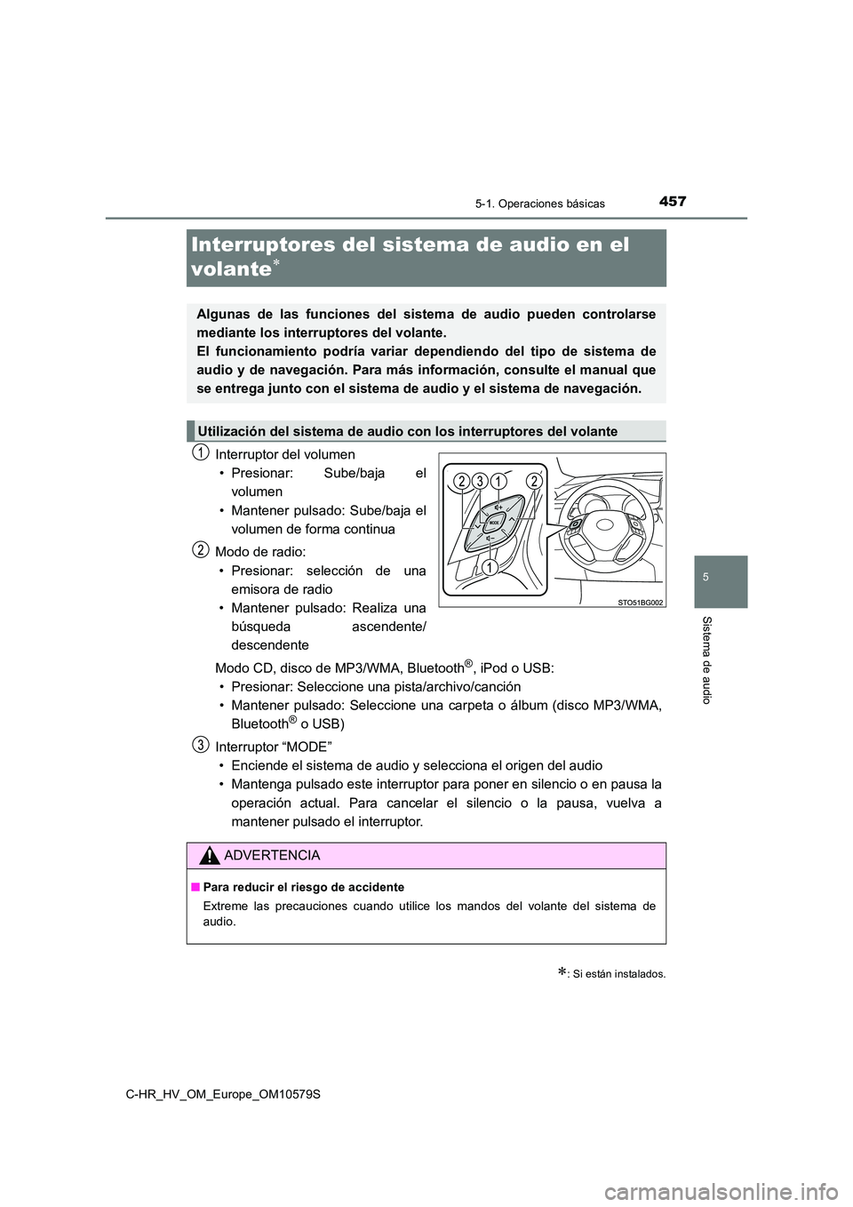 TOYOTA C-HR 2018 Manual del propietario (in Spanish) 457
5
5-1. Operaciones básicas
Sistema de audio
C-HR_HV_OM_Europe_OM10579S
Interruptores del sistema de audio en el
volante
Interruptor del volumen
• Presionar: Sube/baja el
volumen
• Mant TOYOTA C-HR 2018 Manual del propietario (in Spanish) 457
5
5-1. Operaciones básicas
Sistema de audio
C-HR_HV_OM_Europe_OM10579S
Interruptores del sistema de audio en el
volante
Interruptor del volumen
• Presionar: Sube/baja el
volumen
• Mant