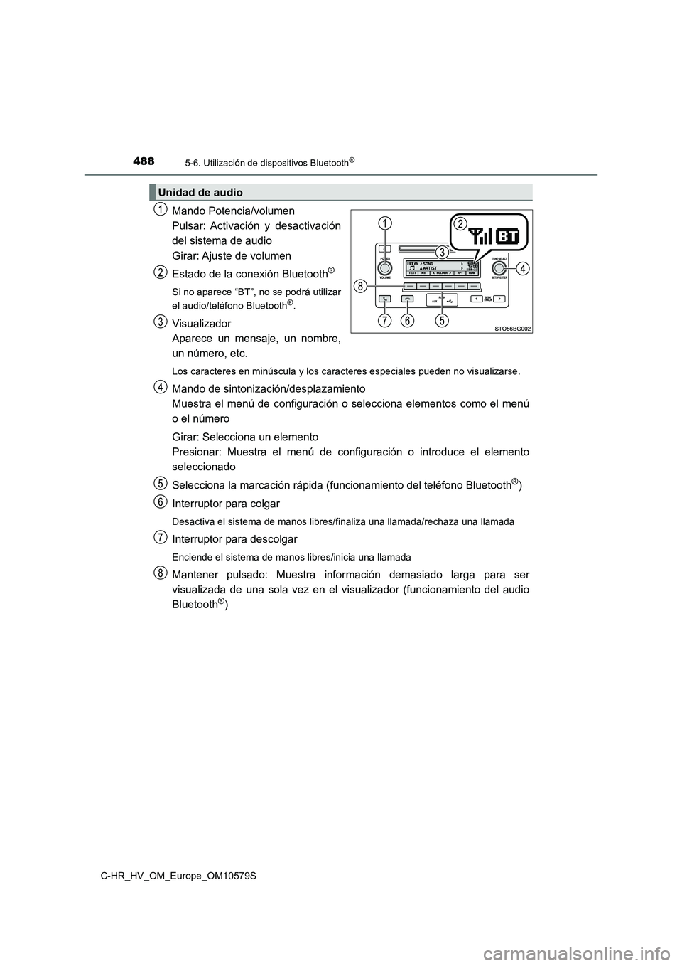TOYOTA C-HR 2018 Manual del propietario (in Spanish) 4885-6. Utilización de dispositivos Bluetooth®
C-HR_HV_OM_Europe_OM10579S
Mando Potencia/volumen
Pulsar: Activación y desactivación
del sistema de audio
Girar: Ajuste de volumen
Estado de l TOYOTA C-HR 2018 Manual del propietario (in Spanish) 4885-6. Utilización de dispositivos Bluetooth®
C-HR_HV_OM_Europe_OM10579S
Mando Potencia/volumen
Pulsar: Activación y desactivación
del sistema de audio
Girar: Ajuste de volumen
Estado de l