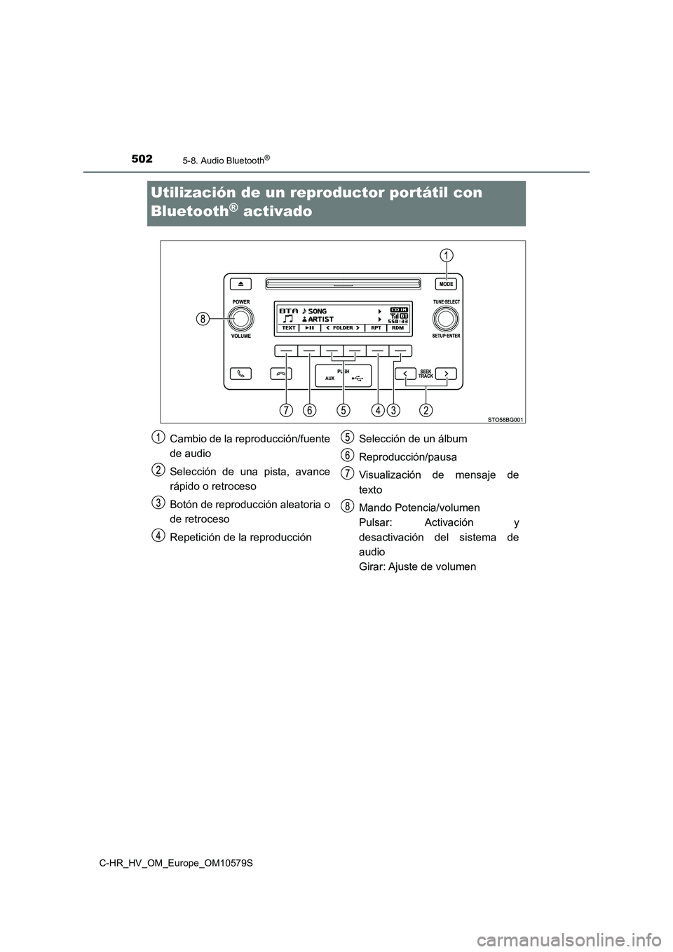 TOYOTA C-HR 2018  Manual del propietario (in Spanish) 5025-8. Audio Bluetooth®
C-HR_HV_OM_Europe_OM10579S
Utilización de un reproductor portátil con  
Bluetooth® activado
Cambio de la reproducción/fuente 
de audio 
Selección de una pista, avance 
r