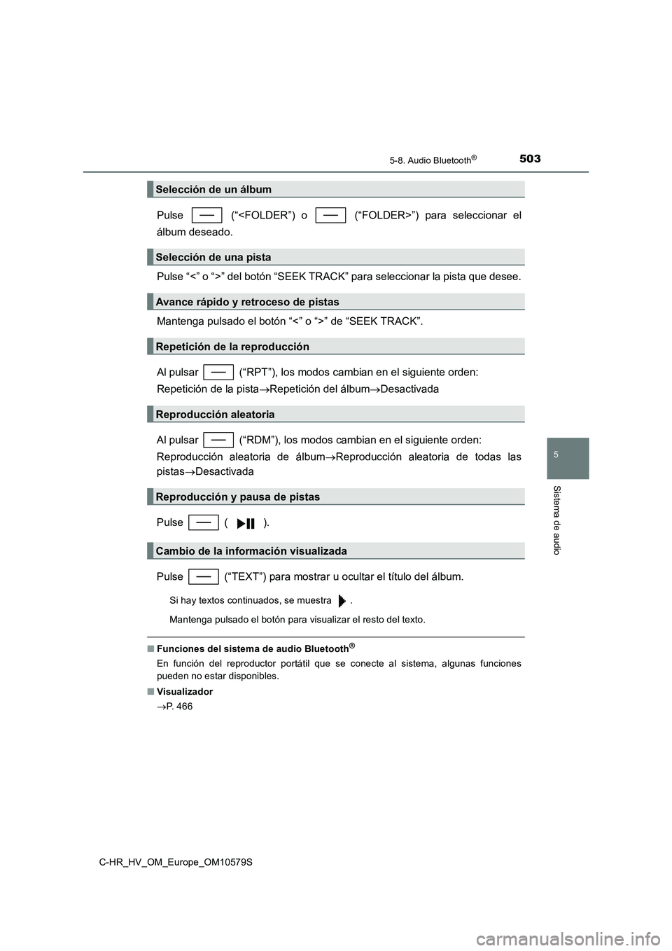 TOYOTA C-HR 2018 Manual del propietario (in Spanish) 5035-8. Audio Bluetooth®
5
Sistema de audio
C-HR_HV_OM_Europe_OM10579S
Pulse (“<FOLDER”) o (“FOLDER>”) para seleccionar el
álbum deseado.
Pulse “<” o “>” del botón “SEEK TRA TOYOTA C-HR 2018 Manual del propietario (in Spanish) 5035-8. Audio Bluetooth®
5
Sistema de audio
C-HR_HV_OM_Europe_OM10579S
Pulse (“<FOLDER”) o (“FOLDER>”) para seleccionar el
álbum deseado.
Pulse “<” o “>” del botón “SEEK TRA