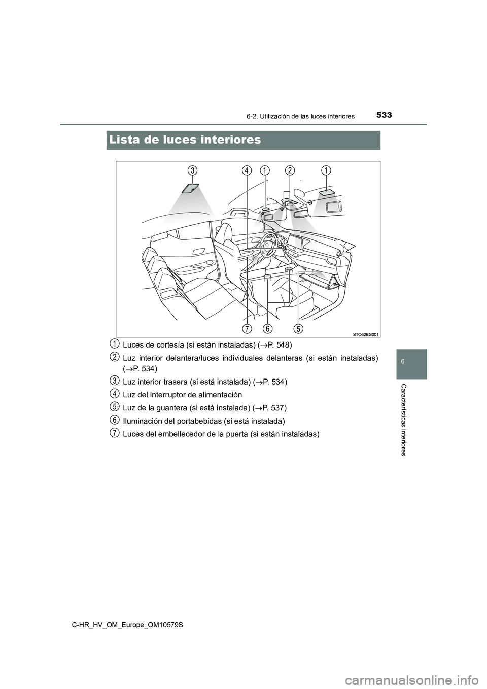 TOYOTA C-HR 2018  Manual del propietario (in Spanish) 5336-2. Utilización de las luces interiores
6
Características interiores
C-HR_HV_OM_Europe_OM10579S
Lista de luces interiores
Luces de cortesía (si están instaladas) (P. 548) 
Luz interior dela