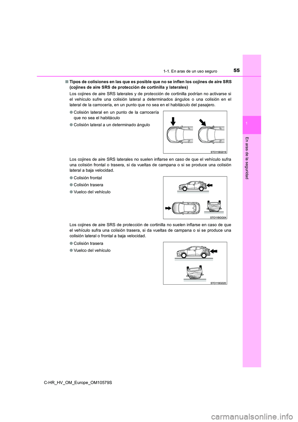 TOYOTA C-HR 2018 Manual del propietario (in Spanish) 551-1. En aras de un uso seguro
1
En aras de la seguridad
C-HR_HV_OM_Europe_OM10579S
■ Tipos de colisiones en las que es posible que no se inflen los cojines de aire SRS
(cojines de aire SRS de p TOYOTA C-HR 2018 Manual del propietario (in Spanish) 551-1. En aras de un uso seguro
1
En aras de la seguridad
C-HR_HV_OM_Europe_OM10579S
■ Tipos de colisiones en las que es posible que no se inflen los cojines de aire SRS
(cojines de aire SRS de p