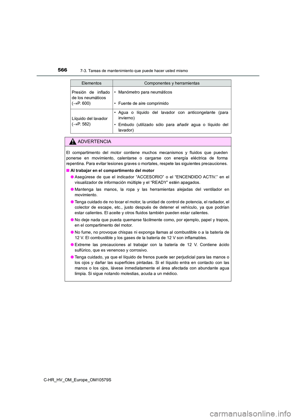 TOYOTA C-HR 2018 Manual del propietario (in Spanish) 5667-3. Tareas de mantenimiento que puede hacer usted mismo
C-HR_HV_OM_Europe_OM10579S
Presión de inflado
de los neumáticos
( P. 600)
• Manómetro para neumáticos
• Fuente de aire comprimi TOYOTA C-HR 2018 Manual del propietario (in Spanish) 5667-3. Tareas de mantenimiento que puede hacer usted mismo
C-HR_HV_OM_Europe_OM10579S
Presión de inflado
de los neumáticos
( P. 600)
• Manómetro para neumáticos
• Fuente de aire comprimi