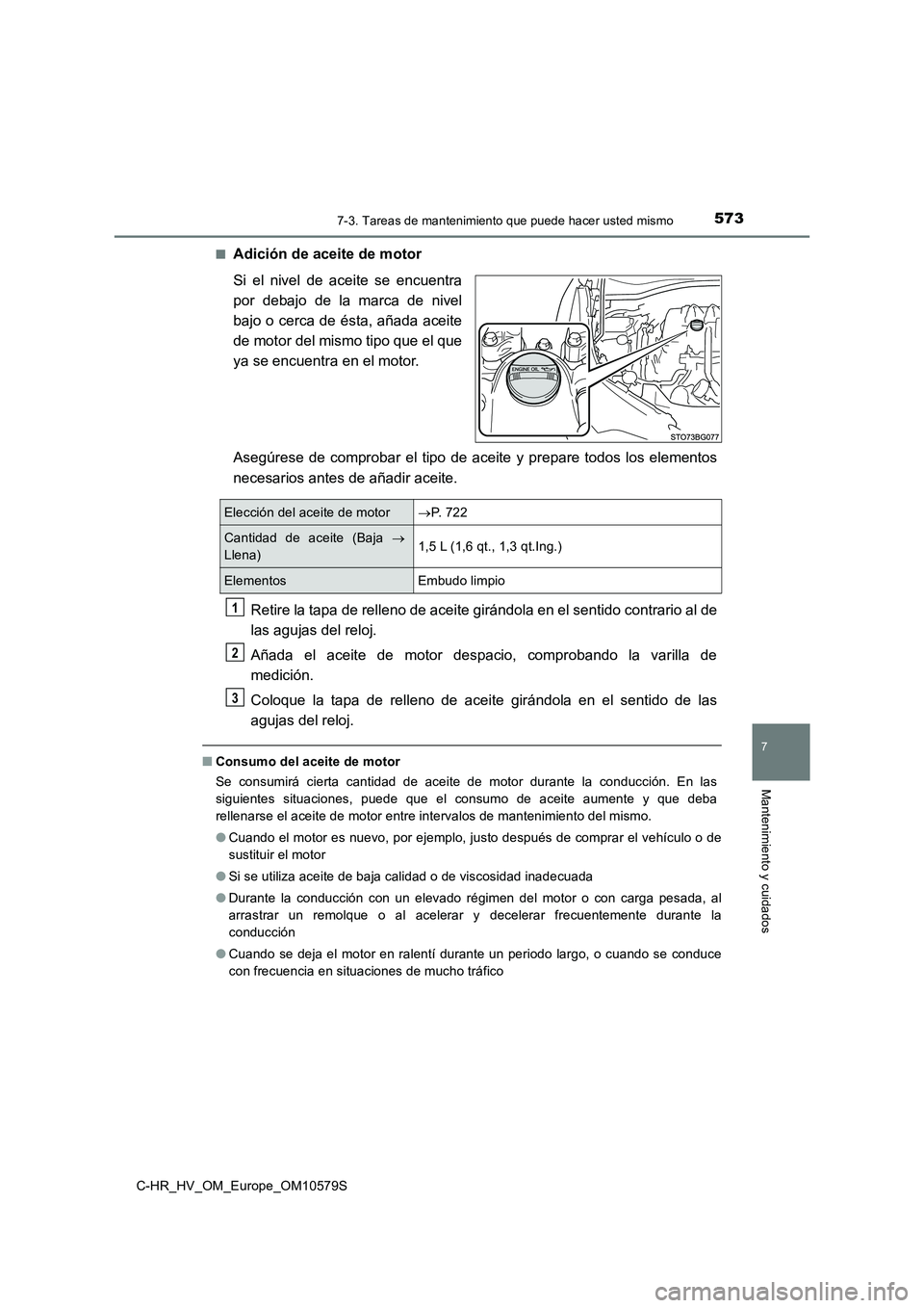 TOYOTA C-HR 2018 Manual del propietario (in Spanish) 5737-3. Tareas de mantenimiento que puede hacer usted mismo
C-HR_HV_OM_Europe_OM10579S
7
Mantenimiento y cuidados
■Adición de aceite de motor
Si el nivel de aceite se encuentra
por debajo de la m TOYOTA C-HR 2018 Manual del propietario (in Spanish) 5737-3. Tareas de mantenimiento que puede hacer usted mismo
C-HR_HV_OM_Europe_OM10579S
7
Mantenimiento y cuidados
■Adición de aceite de motor
Si el nivel de aceite se encuentra
por debajo de la m