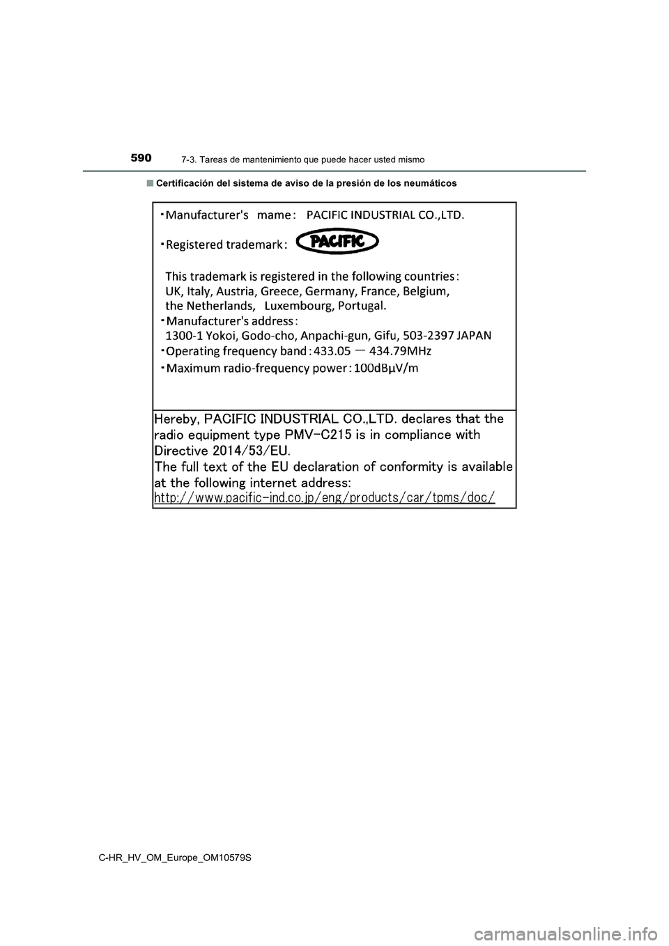 TOYOTA C-HR 2018  Manual del propietario (in Spanish) 5907-3. Tareas de mantenimiento que puede hacer usted mismo
C-HR_HV_OM_Europe_OM10579S 
■ Certificación del sistema de aviso de la presión de los neumáticos 