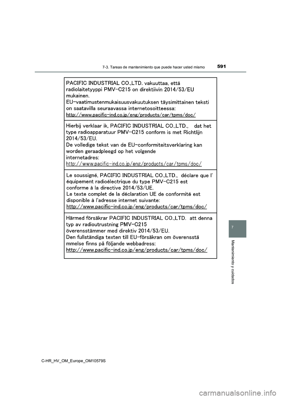 TOYOTA C-HR 2018  Manual del propietario (in Spanish) 5917-3. Tareas de mantenimiento que puede hacer usted mismo
C-HR_HV_OM_Europe_OM10579S
7
Mantenimiento y cuidados 