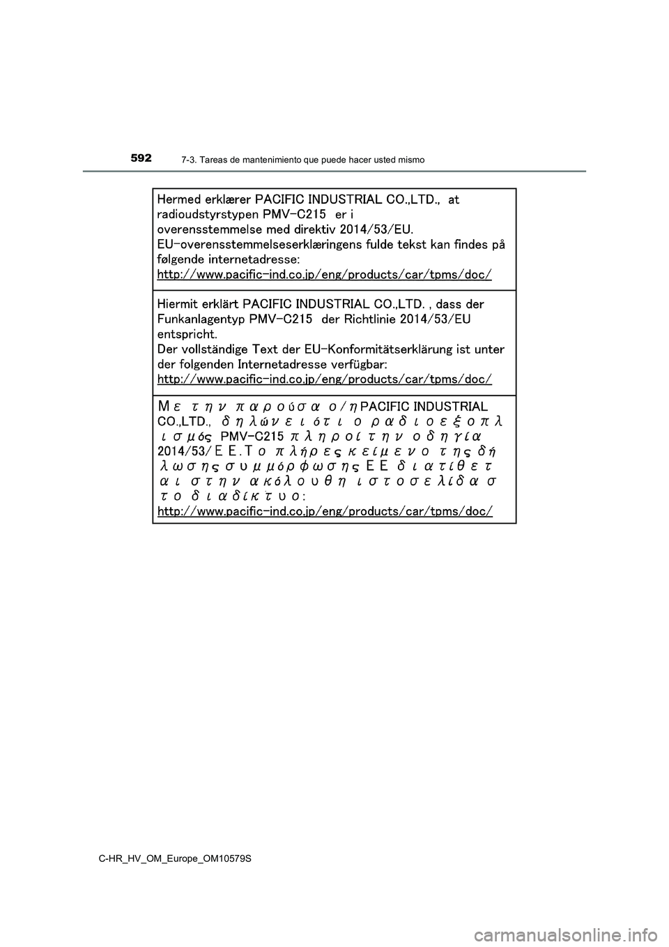 TOYOTA C-HR 2018  Manual del propietario (in Spanish) 5927-3. Tareas de mantenimiento que puede hacer usted mismo
C-HR_HV_OM_Europe_OM10579S 