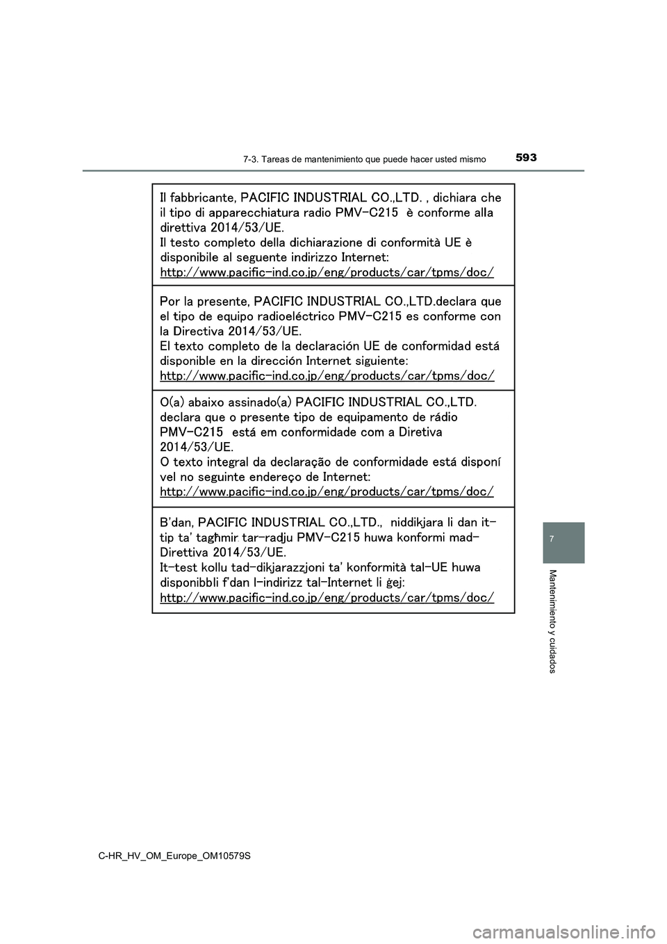 TOYOTA C-HR 2018  Manual del propietario (in Spanish) 5937-3. Tareas de mantenimiento que puede hacer usted mismo
C-HR_HV_OM_Europe_OM10579S
7
Mantenimiento y cuidados 