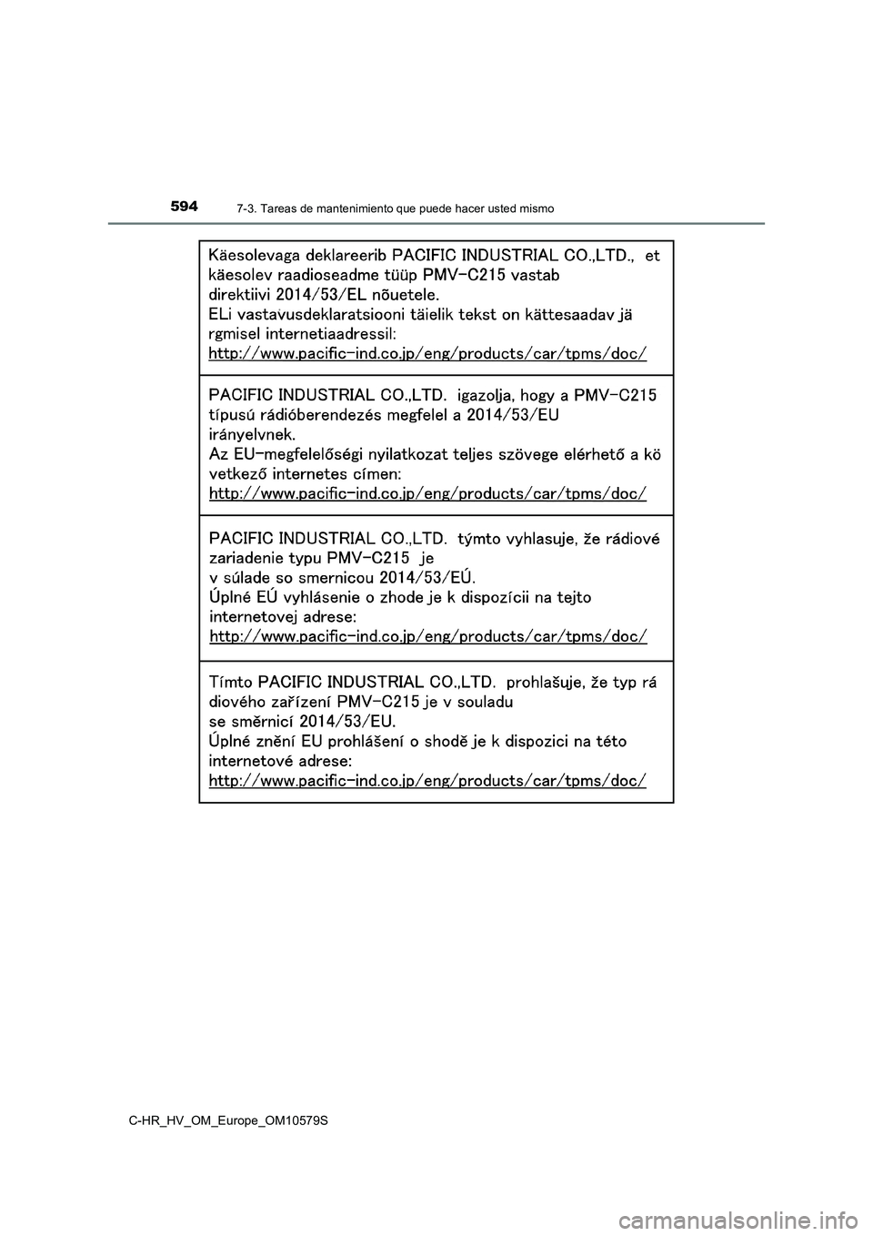 TOYOTA C-HR 2018  Manual del propietario (in Spanish) 5947-3. Tareas de mantenimiento que puede hacer usted mismo
C-HR_HV_OM_Europe_OM10579S 