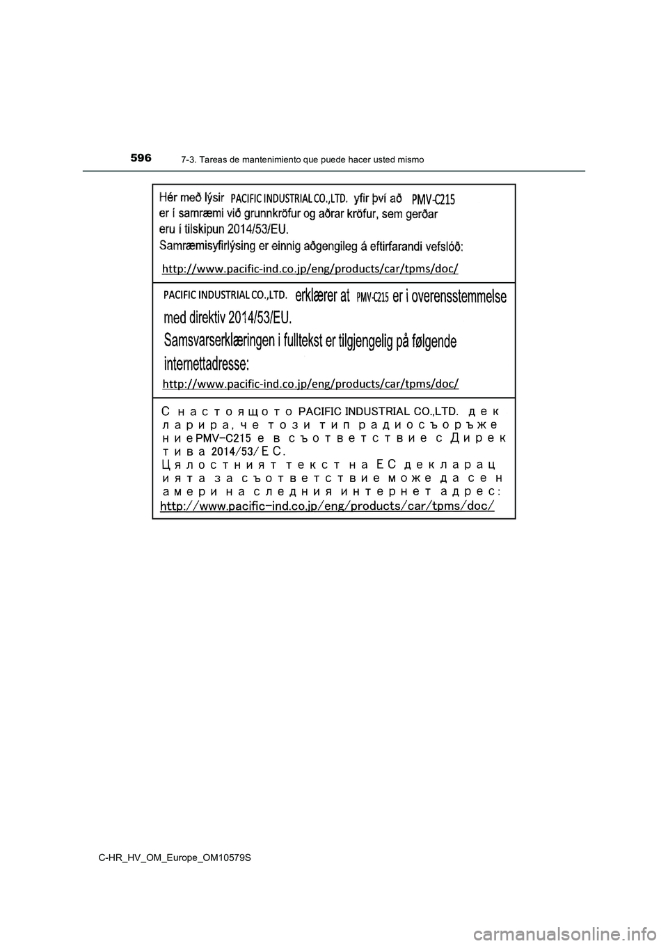 TOYOTA C-HR 2018  Manual del propietario (in Spanish) 5967-3. Tareas de mantenimiento que puede hacer usted mismo
C-HR_HV_OM_Europe_OM10579S 