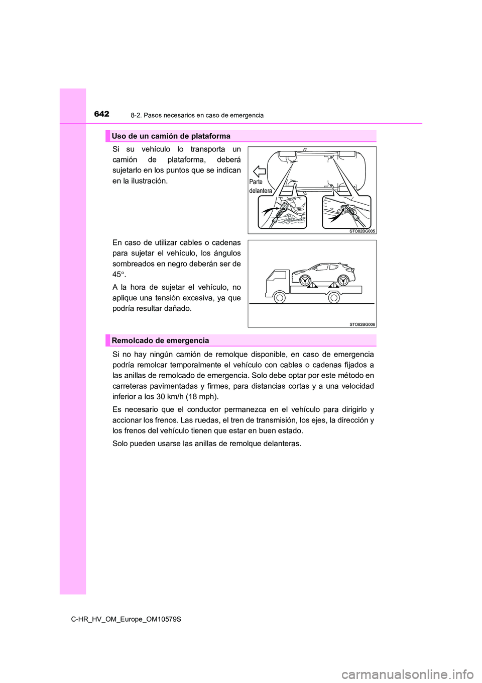 TOYOTA C-HR 2018 Manual del propietario (in Spanish) 6428-2. Pasos necesarios en caso de emergencia
C-HR_HV_OM_Europe_OM10579S
Si su vehículo lo transporta un
camión de plataforma, deberá
sujetarlo en los puntos que se indican
en la ilustración.
TOYOTA C-HR 2018 Manual del propietario (in Spanish) 6428-2. Pasos necesarios en caso de emergencia
C-HR_HV_OM_Europe_OM10579S
Si su vehículo lo transporta un
camión de plataforma, deberá
sujetarlo en los puntos que se indican
en la ilustración.