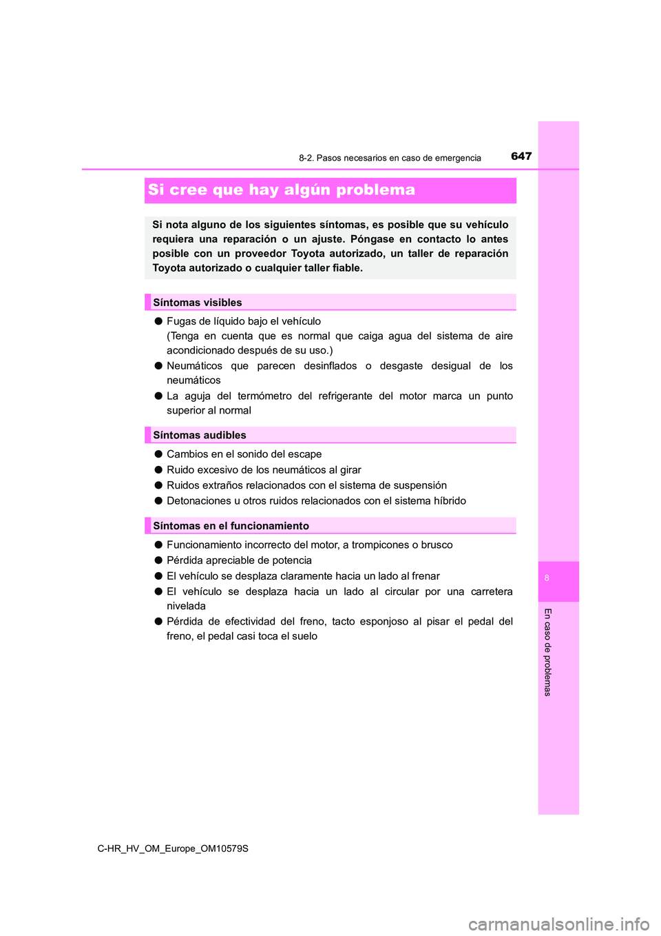 TOYOTA C-HR 2018 Manual del propietario (in Spanish) 6478-2. Pasos necesarios en caso de emergencia
C-HR_HV_OM_Europe_OM10579S
8
En caso de problemas
Si cree que hay algún problema
●Fugas de líquido bajo el vehículo
(Tenga en cuenta que es normal TOYOTA C-HR 2018 Manual del propietario (in Spanish) 6478-2. Pasos necesarios en caso de emergencia
C-HR_HV_OM_Europe_OM10579S
8
En caso de problemas
Si cree que hay algún problema
●Fugas de líquido bajo el vehículo
(Tenga en cuenta que es normal