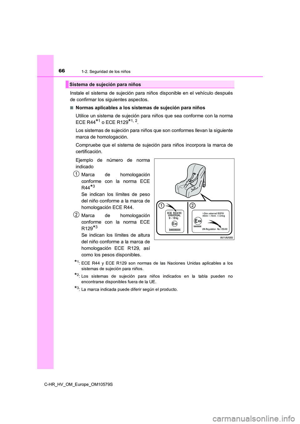 TOYOTA C-HR 2018 Manual del propietario (in Spanish) 661-2. Seguridad de los niños
C-HR_HV_OM_Europe_OM10579S
Instale el sistema de sujeción para niños disponible en el vehículo después
de confirmar los siguientes aspectos.
■Normas aplicables a TOYOTA C-HR 2018 Manual del propietario (in Spanish) 661-2. Seguridad de los niños
C-HR_HV_OM_Europe_OM10579S
Instale el sistema de sujeción para niños disponible en el vehículo después
de confirmar los siguientes aspectos.
■Normas aplicables a
