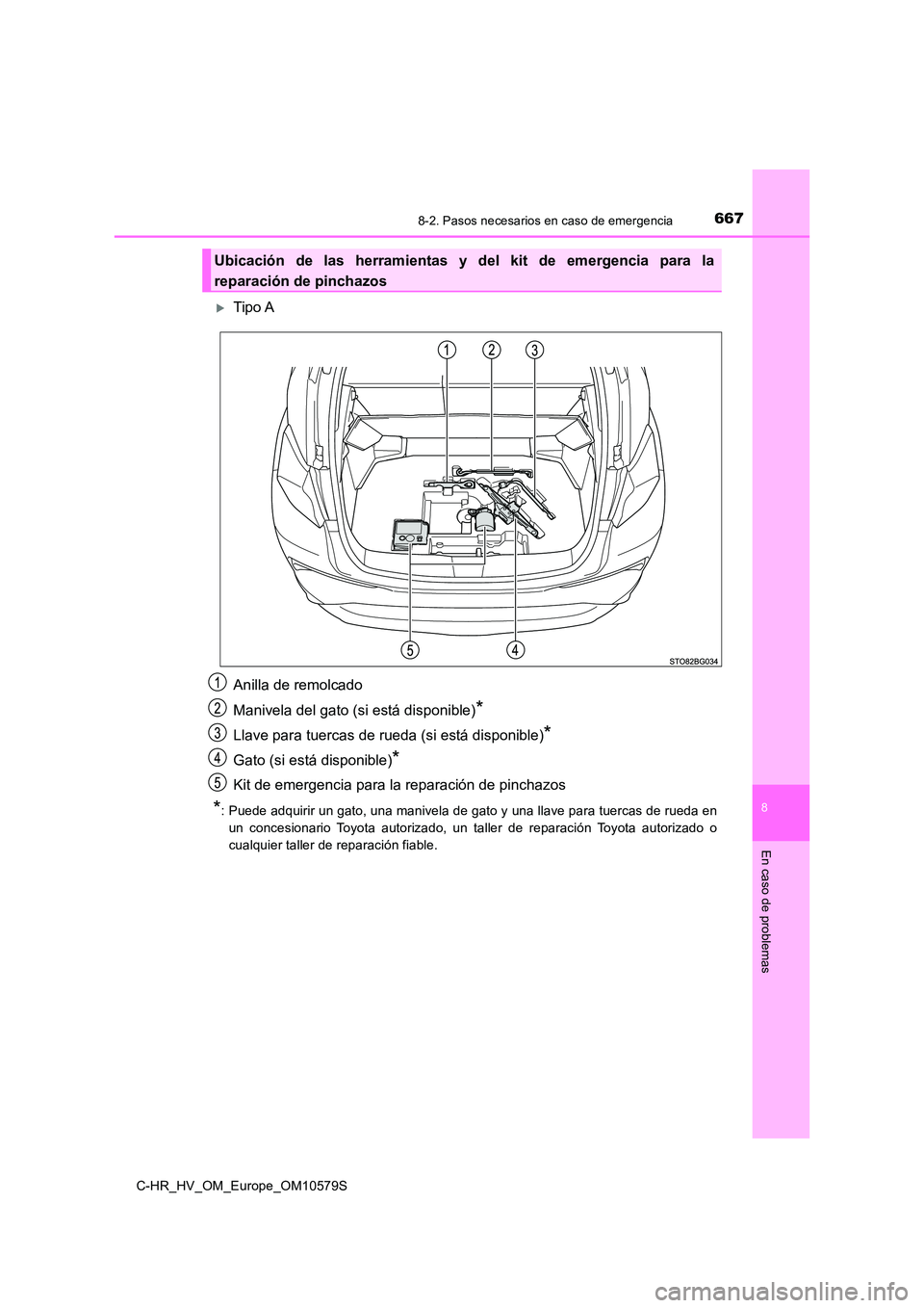 TOYOTA C-HR 2018  Manual del propietario (in Spanish) 6678-2. Pasos necesarios en caso de emergencia
C-HR_HV_OM_Europe_OM10579S
8
En caso de problemas
Tipo A 
Anilla de remolcado 
Manivela del gato (si está disponible)*
Llave para tuercas de rueda (s