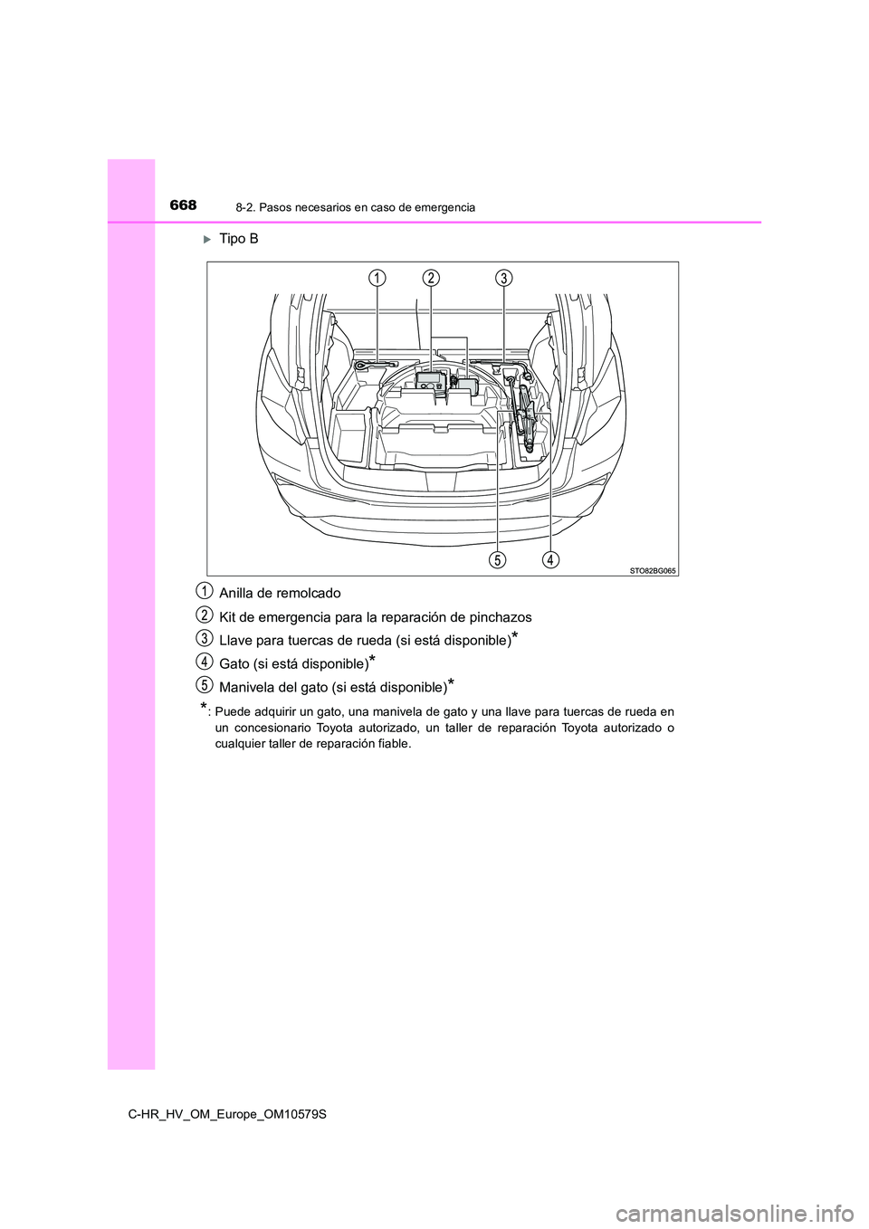 TOYOTA C-HR 2018  Manual del propietario (in Spanish) 6688-2. Pasos necesarios en caso de emergencia
C-HR_HV_OM_Europe_OM10579S
Tipo B 
Anilla de remolcado 
Kit de emergencia para la reparación de pinchazos 
Llave para tuercas de rueda (si está disp