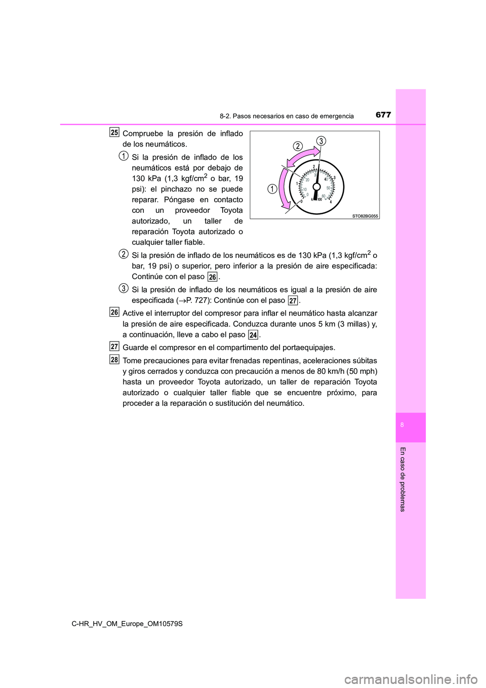 TOYOTA C-HR 2018 Manual del propietario (in Spanish) 6778-2. Pasos necesarios en caso de emergencia
C-HR_HV_OM_Europe_OM10579S
8
En caso de problemas
Compruebe la presión de inflado
de los neumáticos.
Si la presión de inflado de los
neumáticos es TOYOTA C-HR 2018 Manual del propietario (in Spanish) 6778-2. Pasos necesarios en caso de emergencia
C-HR_HV_OM_Europe_OM10579S
8
En caso de problemas
Compruebe la presión de inflado
de los neumáticos.
Si la presión de inflado de los
neumáticos es