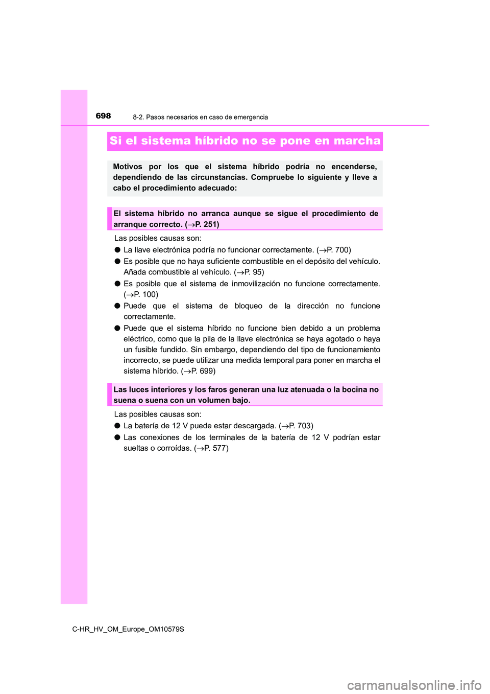 TOYOTA C-HR 2018 Manual del propietario (in Spanish) 6988-2. Pasos necesarios en caso de emergencia
C-HR_HV_OM_Europe_OM10579S
Si el sistema híbrido no se pone en marcha
Las posibles causas son:
● La llave electrónica podría no funcionar correctam TOYOTA C-HR 2018 Manual del propietario (in Spanish) 6988-2. Pasos necesarios en caso de emergencia
C-HR_HV_OM_Europe_OM10579S
Si el sistema híbrido no se pone en marcha
Las posibles causas son:
● La llave electrónica podría no funcionar correctam