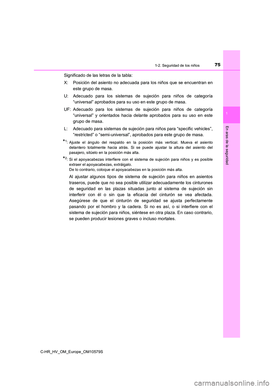 TOYOTA C-HR 2018 Manual del propietario (in Spanish) 751-2. Seguridad de los niños
1
En aras de la seguridad
C-HR_HV_OM_Europe_OM10579S
Significado de las letras de la tabla:
X: Posición del asiento no adecuada para los niños que se encuentran en
e TOYOTA C-HR 2018 Manual del propietario (in Spanish) 751-2. Seguridad de los niños
1
En aras de la seguridad
C-HR_HV_OM_Europe_OM10579S
Significado de las letras de la tabla:
X: Posición del asiento no adecuada para los niños que se encuentran en
e