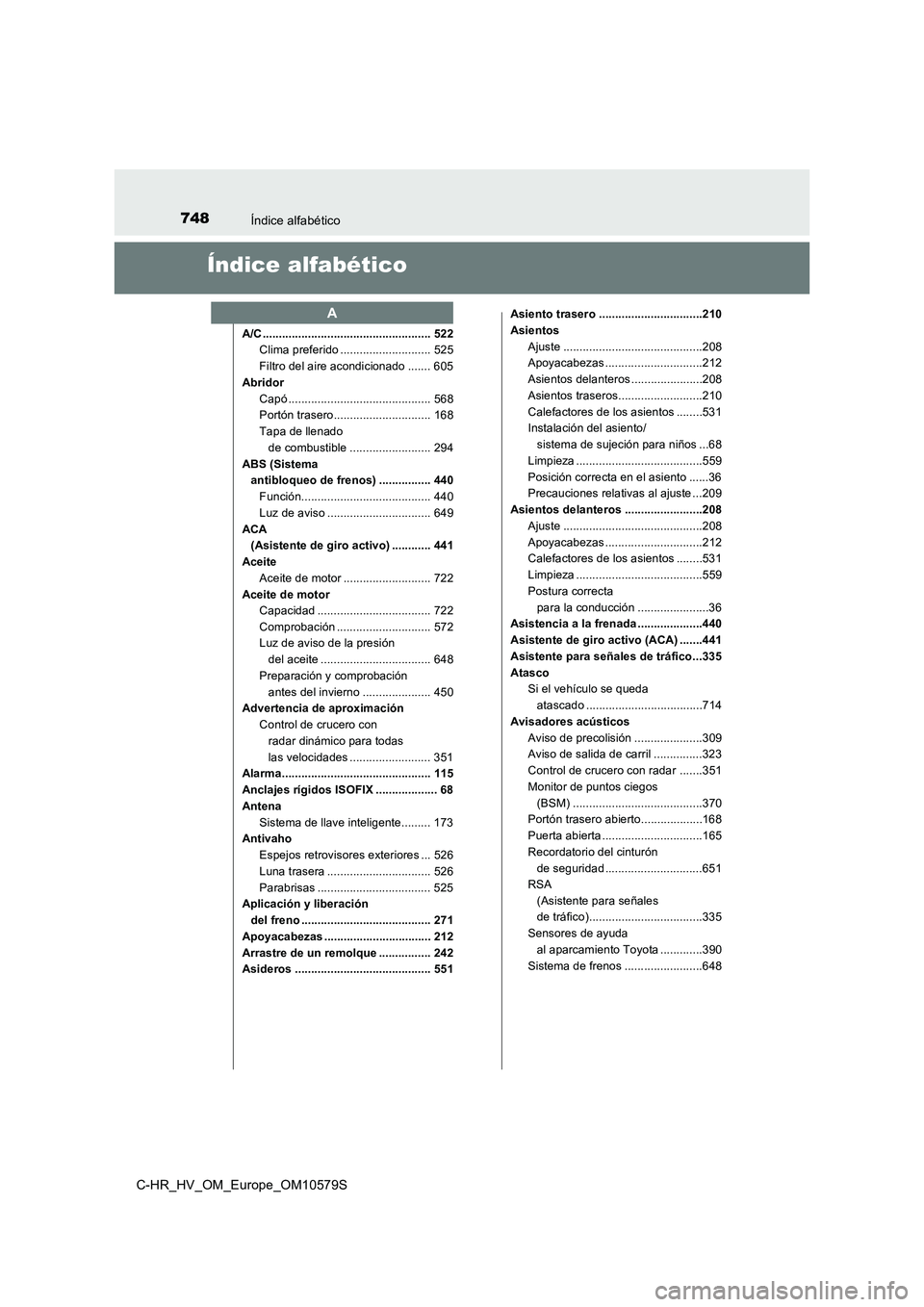 TOYOTA C-HR 2018 Manual del propietario (in Spanish) 748Índice alfabético
C-HR_HV_OM_Europe_OM10579S
Índice alfabético
A/C .................................................... 522Clima preferido ............................ 525
Filtro del aire acond TOYOTA C-HR 2018 Manual del propietario (in Spanish) 748Índice alfabético
C-HR_HV_OM_Europe_OM10579S
Índice alfabético
A/C .................................................... 522Clima preferido ............................ 525
Filtro del aire acond