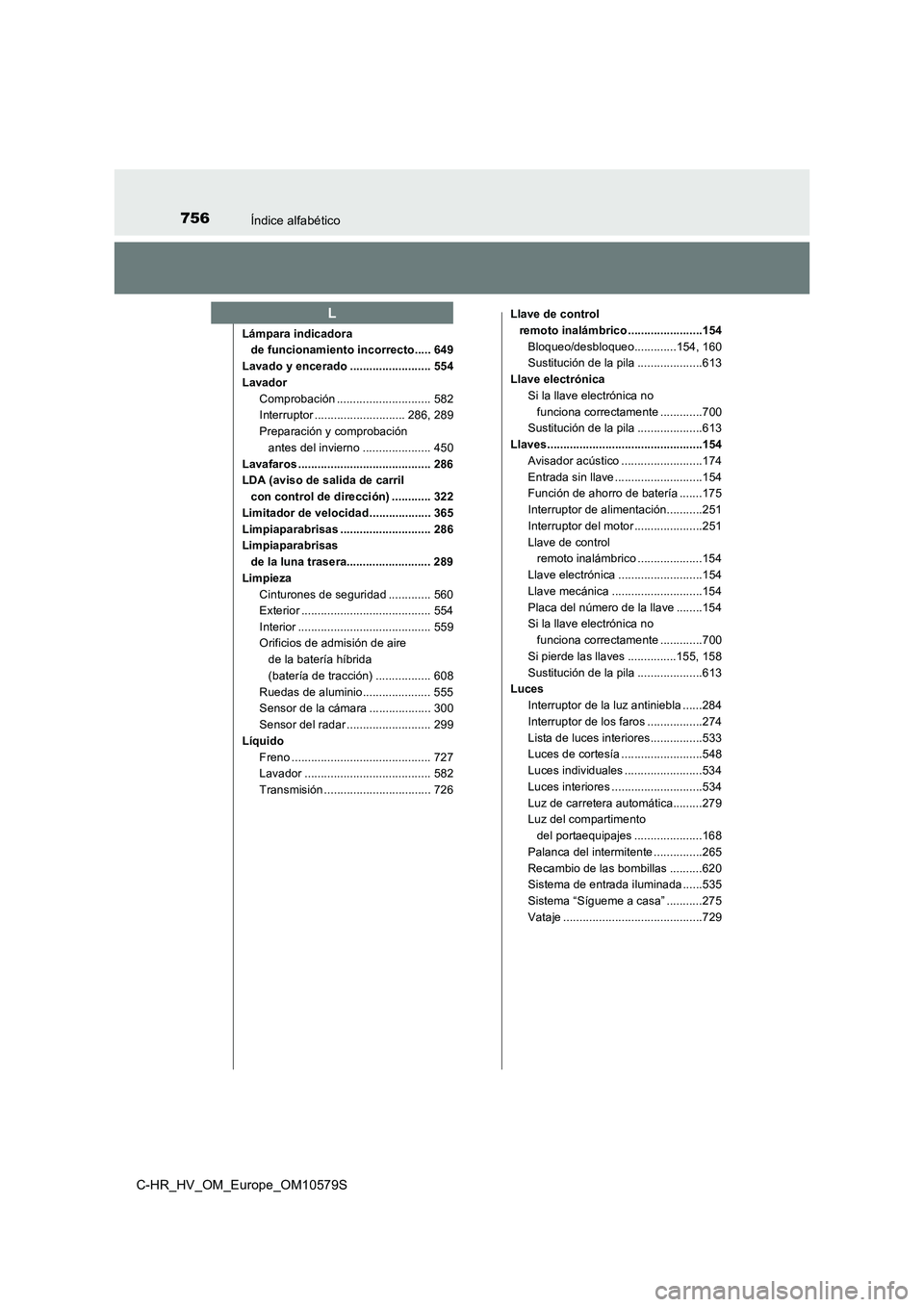 TOYOTA C-HR 2018 Manual del propietario (in Spanish) 756Índice alfabético
C-HR_HV_OM_Europe_OM10579S
Lámpara indicadora de funcionamiento incorrecto..... 649
Lavado y encerado ......................... 554
Lavador Comprobación ...................... TOYOTA C-HR 2018 Manual del propietario (in Spanish) 756Índice alfabético
C-HR_HV_OM_Europe_OM10579S
Lámpara indicadora de funcionamiento incorrecto..... 649
Lavado y encerado ......................... 554
Lavador Comprobación ......................