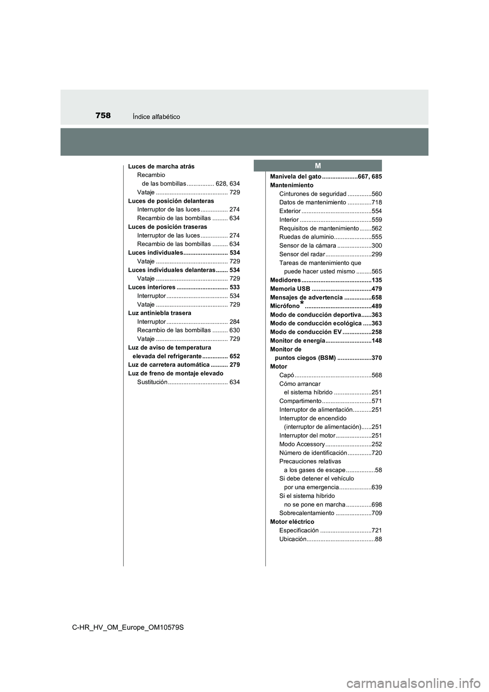 TOYOTA C-HR 2018 Manual del propietario (in Spanish) 758Índice alfabético
C-HR_HV_OM_Europe_OM10579S
Luces de marcha atrásRecambio
de las bombillas ................ 628, 634
Vataje .......................................... 729
Luces de posición de TOYOTA C-HR 2018 Manual del propietario (in Spanish) 758Índice alfabético
C-HR_HV_OM_Europe_OM10579S
Luces de marcha atrásRecambio
de las bombillas ................ 628, 634
Vataje .......................................... 729
Luces de posición de