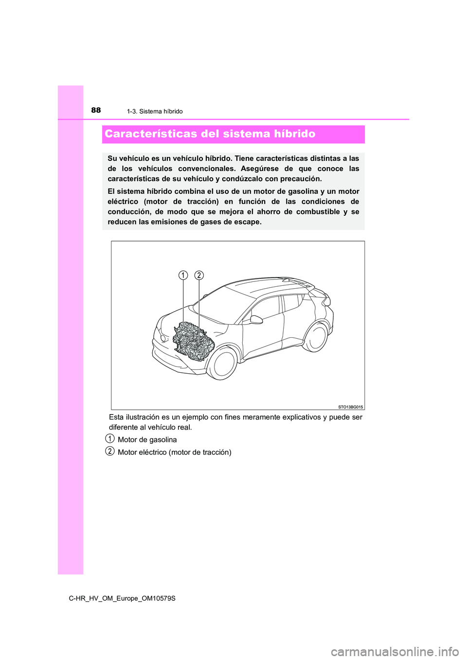 TOYOTA C-HR 2018  Manual del propietario (in Spanish) 881-3. Sistema híbrido
C-HR_HV_OM_Europe_OM10579S
Características del sistema híbrido
Esta ilustración es un ejemplo con fines meramente explicativos y puede ser 
diferente al vehículo real. 
Mot