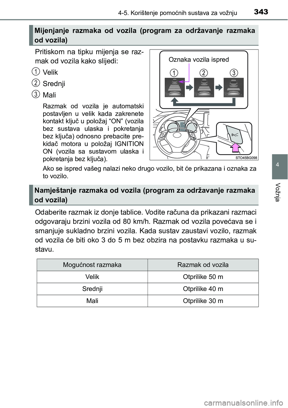 TOYOTA C-HR 2018 Upute Za Rukovanje (in Croatian) 3434-5. Korištenje pomoćnih sustava za vožnju
4
Vožnja
Pritiskom na tipku mijenja se raz-
mak od vozila kako slijedi:
Ve l i k
Srednji
Mali
Razmak od vozila je automatski
postavljen u v TOYOTA C-HR 2018 Upute Za Rukovanje (in Croatian) 3434-5. Korištenje pomoćnih sustava za vožnju
4
Vožnja
Pritiskom na tipku mijenja se raz-
mak od vozila kako slijedi:
Ve l i k
Srednji
Mali
Razmak od vozila je automatski
postavljen u v