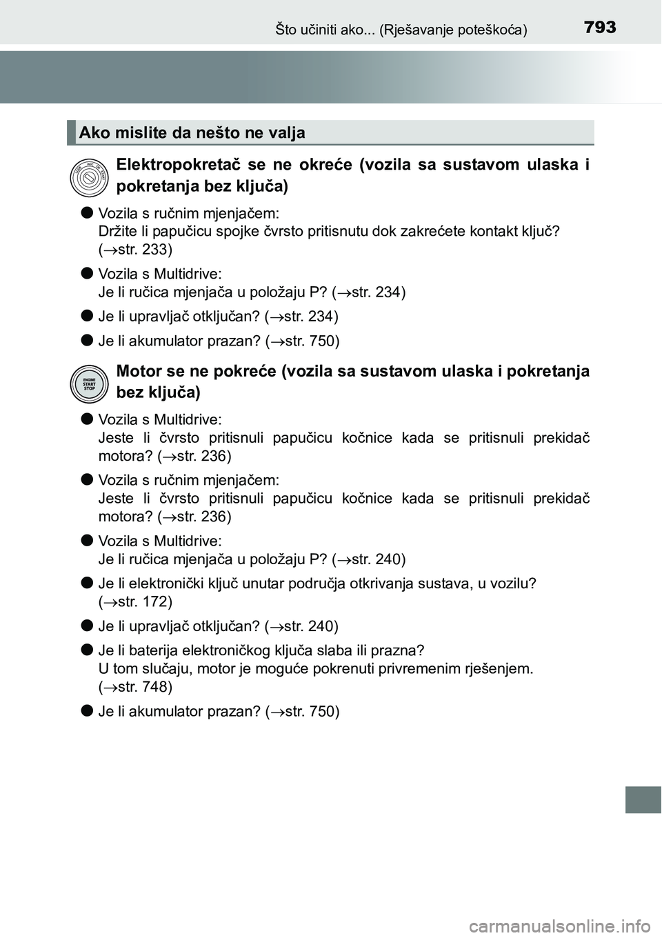TOYOTA C-HR 2018 Upute Za Rukovanje (in Croatian) 793Što učiniti ako... (Rješavanje poteškoća)
lVozila s ručnim mjenjačem:
Držite li papučicu spojke čvrsto pritisnutu dok zakrećete kontakt ključ?
(str. 233)
lVozila s Multidrive:
Je li TOYOTA C-HR 2018 Upute Za Rukovanje (in Croatian) 793Što učiniti ako... (Rješavanje poteškoća)
lVozila s ručnim mjenjačem:
Držite li papučicu spojke čvrsto pritisnutu dok zakrećete kontakt ključ?
(str. 233)
lVozila s Multidrive:
Je li