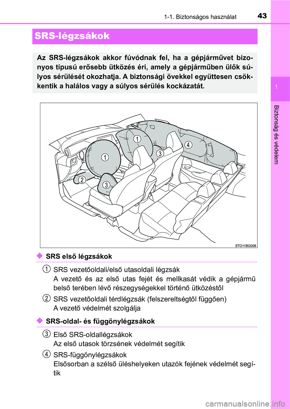 TOYOTA C-HR 2018  Kezelési útmutató (in Hungarian) 431-1. Biztonságos használat
1
Biztonság és védelem
SRS-légzsákok
uSRS első légzsákokSRS vezetőoldali/első utasoldali légzsák
A  vezető  és  az  első  utas  fejét  és  mellkasát  v