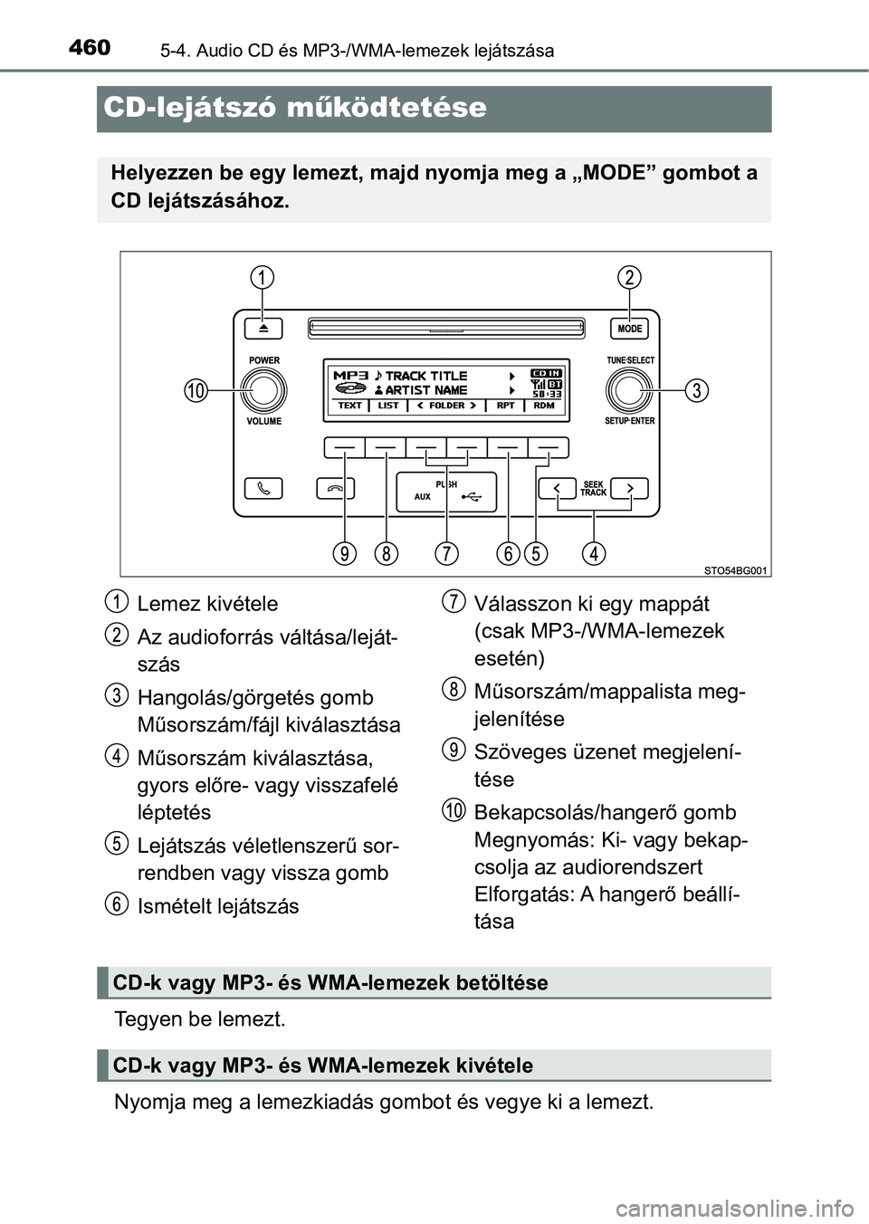 TOYOTA C-HR 2018  Kezelési útmutató (in Hungarian) 4605-4. Audio CD és MP3-/WMA-lemezek lejátszása
CD-lejátszó működtetése
Tegyen be lemezt.
Nyomja meg a lemezkiadás gom bot és vegye ki a lemezt.
Helyezzen be egy lemezt, majd  nyomja meg a 