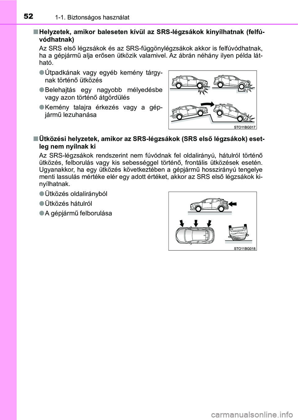 TOYOTA C-HR 2018  Kezelési útmutató (in Hungarian) 521-1. Biztonságos használat
nHelyzetek,  amikor  baleseten  kívül  az  SRS-légzsákok  kinyílhatnak   (felfú-
vódhatnak)
Az SRS első légzsákok és az SRS- függönylégzsákok akkor is fel
