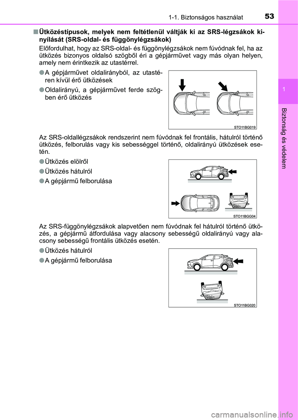 TOYOTA C-HR 2018  Kezelési útmutató (in Hungarian) 531-1. Biztonságos használat
1
Biztonság és védelem
nÜtközéstípusok,  melyek  nem  feltétlenül  váltják  ki  az  SRS-légzsá kok  ki-
nyílását (SRS-oldal- és függönylégzsákok)
El